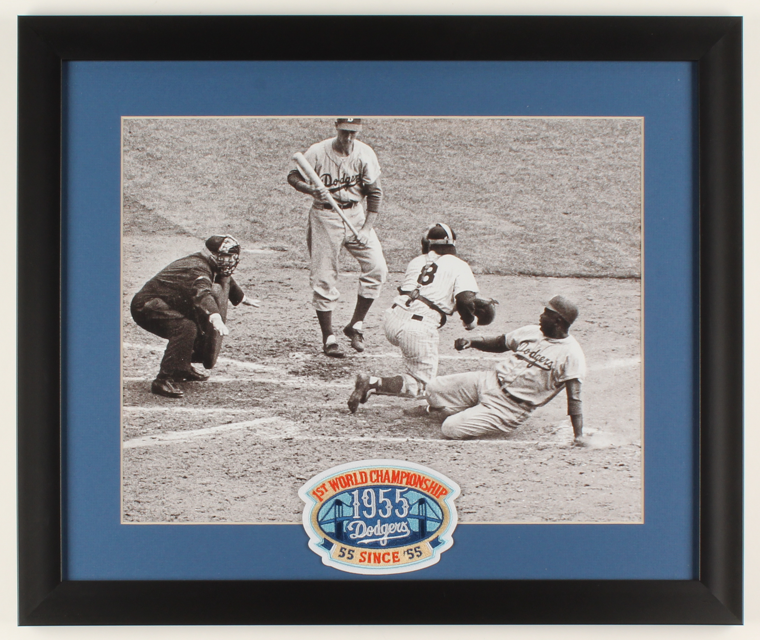 Jackie Robinson Dodgers 16x19 Custom Framed Photo Display with 1955 World Champions Patch at PristineAuction.com Jackie Robinson Dodgers 16x19 Custom Framed Photo Display with 1955 World Champions Patch at PristineAuction.com