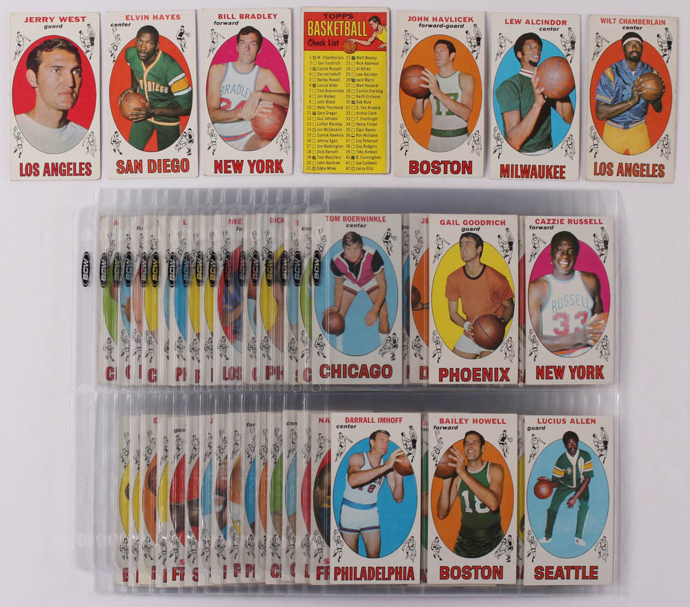 1969-70 Topps Complete Set of (99) Basketball Cards with #25 Lew Alcindor RC, #90 Jerry West, #1 Wilt Chamberlain, #75 Elvin Hayes RC at PristineAuction.com 1969-70 Topps Complete Set of (99) Basketball Cards with #25 Lew Alcindor RC, #90 Jerry West, #1 Wilt Chamberlain, #75 Elvin Hayes RC at PristineAuction.com