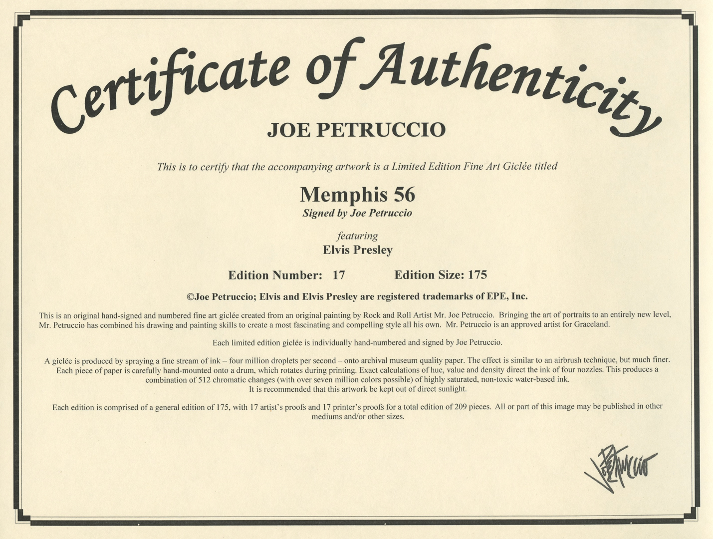 Joe Petruccio Signed Elvis Presley "Memphis 56" 15.5x21 LE Giclee (PA LOA & Petruccio COA) at PristineAuction.com Joe Petruccio Signed Elvis Presley "Memphis 56" 15.5x21 LE Giclee (PA LOA & Petruccio COA) at PristineAuction.com