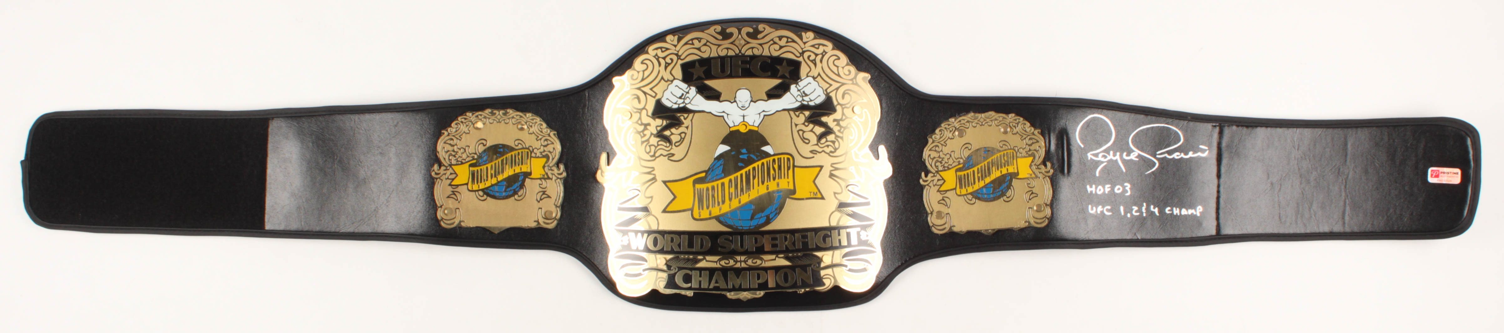 Royce Gracie Signed Full-Size UFC #1 Championship Belt Inscribed "HOF 03" & "UFC 1, 2 & 4 Champ" (PA Hologram) at PristineAuction.com Royce Gracie Signed Full-Size UFC #1 Championship Belt Inscribed "HOF 03" & "UFC 1, 2 & 4 Champ" (PA Hologram) at PristineAuction.com