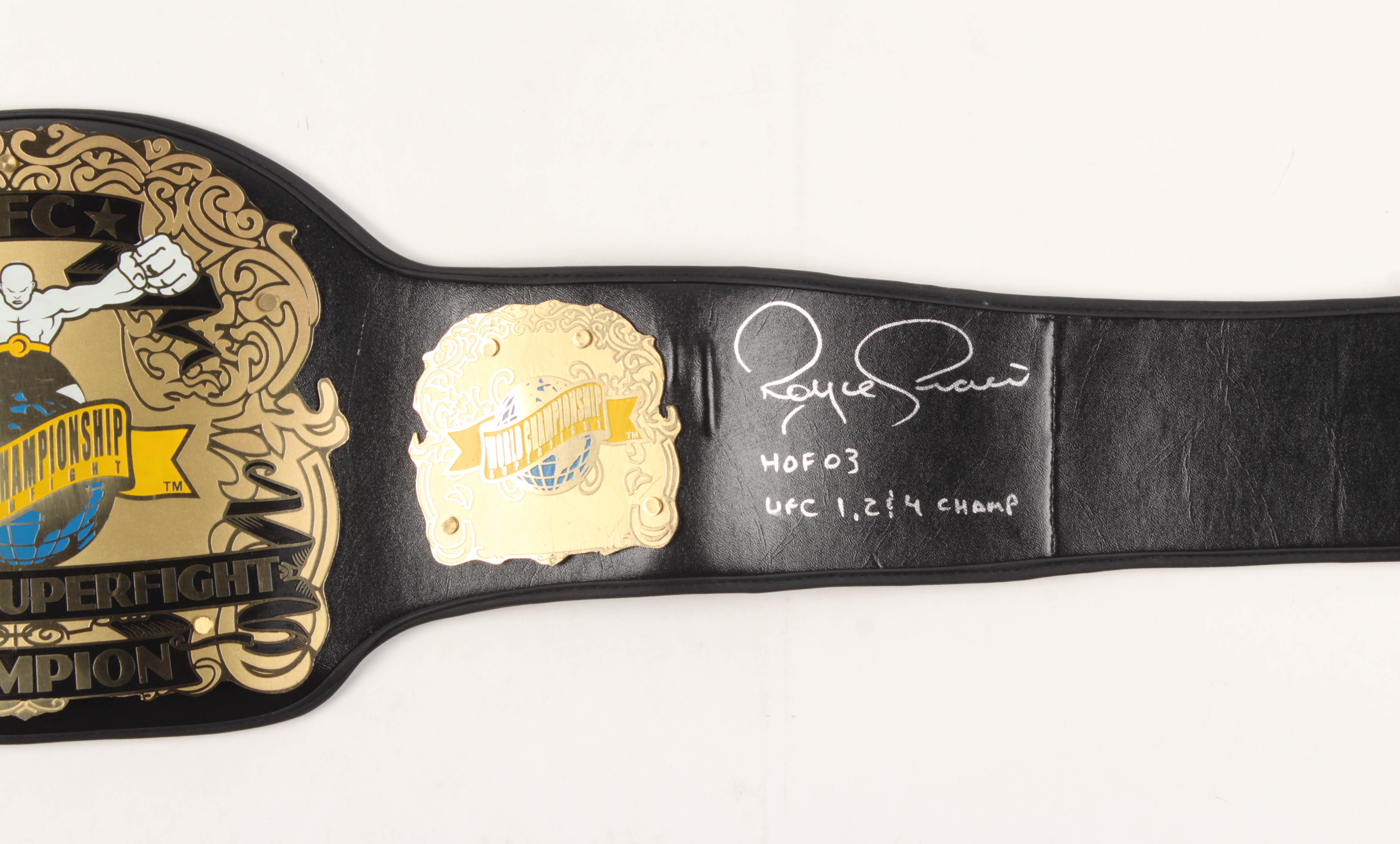 Royce Gracie Signed Full-Size UFC #1 Championship Belt Inscribed "HOF 03" & "UFC 1, 2 & 4 Champ" (PA Hologram) at PristineAuction.com Royce Gracie Signed Full-Size UFC #1 Championship Belt Inscribed "HOF 03" & "UFC 1, 2 & 4 Champ" (PA Hologram) at PristineAuction.com