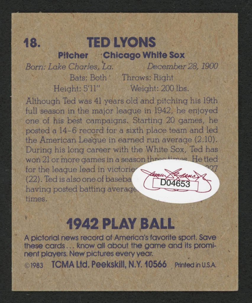 Ted Lyons Signed 1983 TCMA Playball 1942 #18 (JSA COA) at PristineAuction.com Ted Lyons Signed 1983 TCMA Playball 1942 #18 (JSA COA) at PristineAuction.com