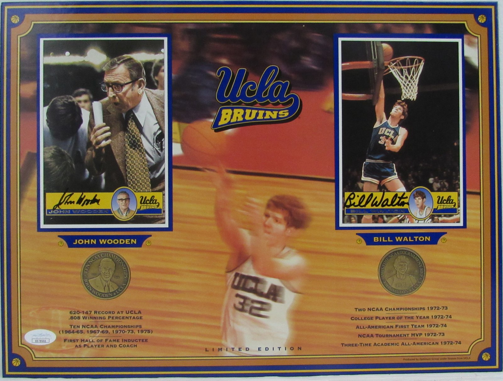 John Wooden & Bill Walton Signed UCLA Bruins 12x16 Custom Matted Postcard Display with (2) Coins (JSA COA) at PristineAuction.com John Wooden & Bill Walton Signed UCLA Bruins 12x16 Custom Matted Postcard Display with (2) Coins (JSA COA) at PristineAuction.com