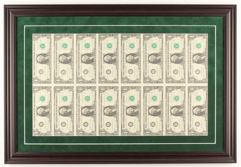 Uncut Sheets of (16) 2017 $1 One-Dollar Green Seal U.S. Federal Reserve Note Bills 18.5x27 Custom Framed Display at PristineAuction.com Uncut Sheets of (16) 2017 $1 One-Dollar Green Seal U.S. Federal Reserve Note Bills 18.5x27 Custom Framed Display at PristineAuction.com