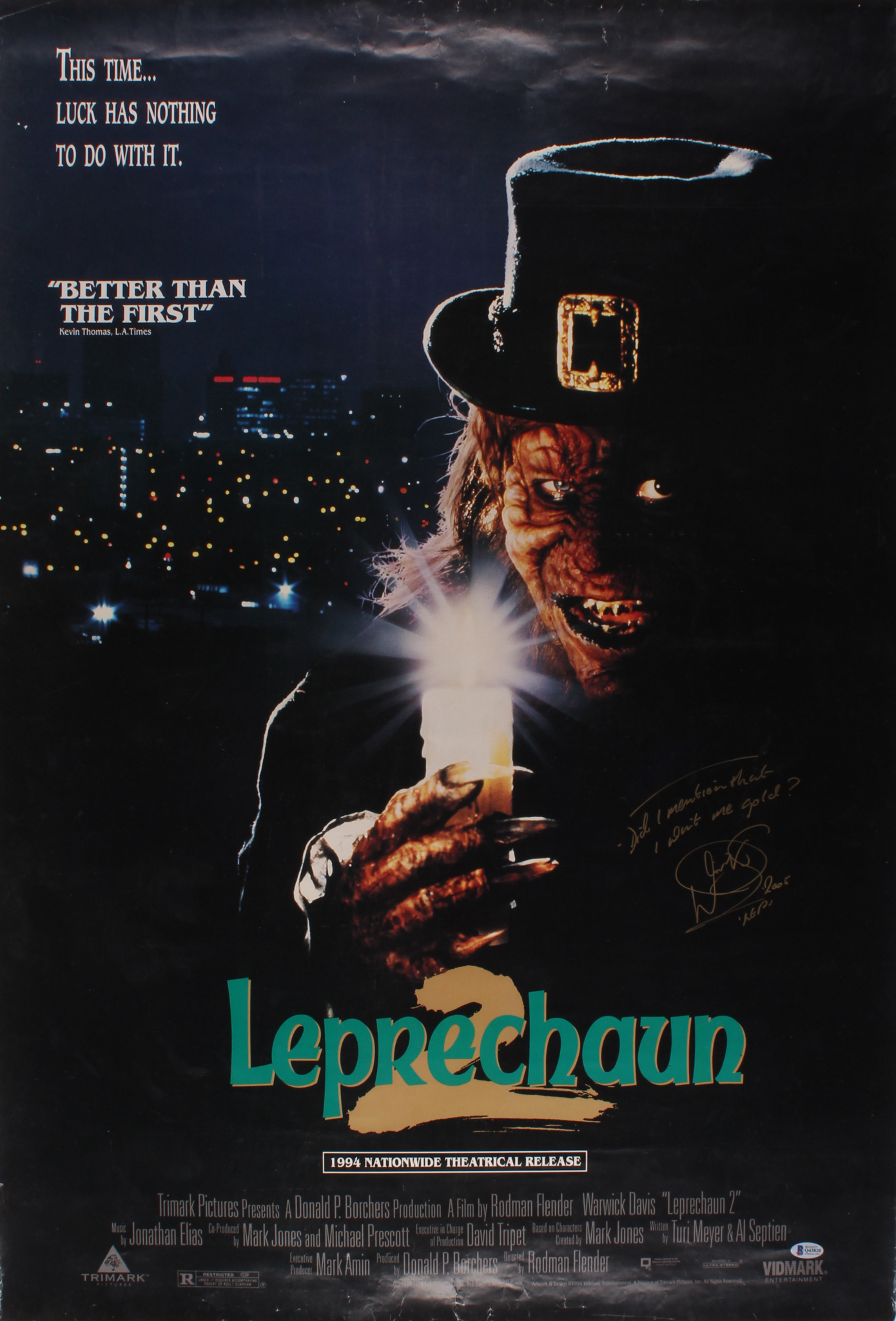 Warwick Davis Signed "Leprechaun 2" 27x40 Movie Poster Photo Inscribed "Did I mention that I want me gold?" (Beckett COA) at PristineAuction.com Warwick Davis Signed "Leprechaun 2" 27x40 Movie Poster Photo Inscribed "Did I mention that I want me gold?" (Beckett COA) at PristineAuction.com