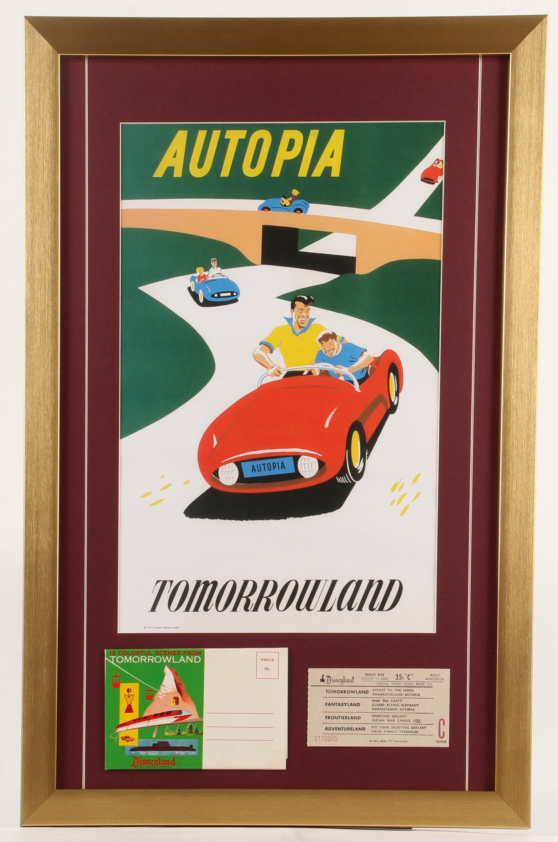 Disneyland Tomorrowland's "Autopia" 17x26 Custom Framed Print Display with Vintage Postcard Booklet & Ticket Booklet at PristineAuction.com Disneyland Tomorrowland's "Autopia" 17x26 Custom Framed Print Display with Vintage Postcard Booklet & Ticket Booklet at PristineAuction.com