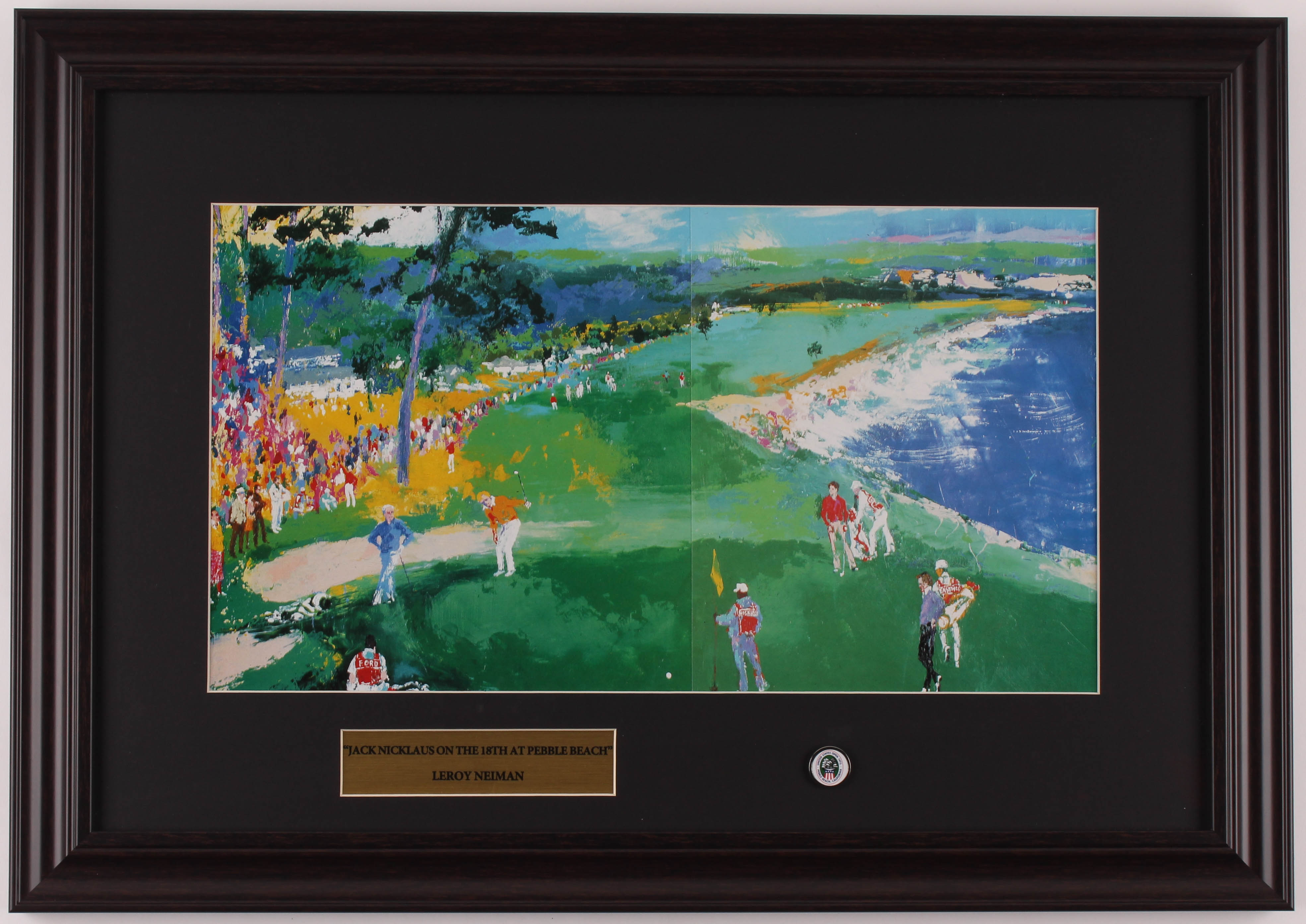 LeRoy Neiman "Jack Nicklaus On The 18th" 15.5x22 Custom Framed Print Display with Original 1972 US Open Pebble Beach Pin at PristineAuction.com LeRoy Neiman "Jack Nicklaus On The 18th" 15.5x22 Custom Framed Print Display with Original 1972 US Open Pebble Beach Pin at PristineAuction.com