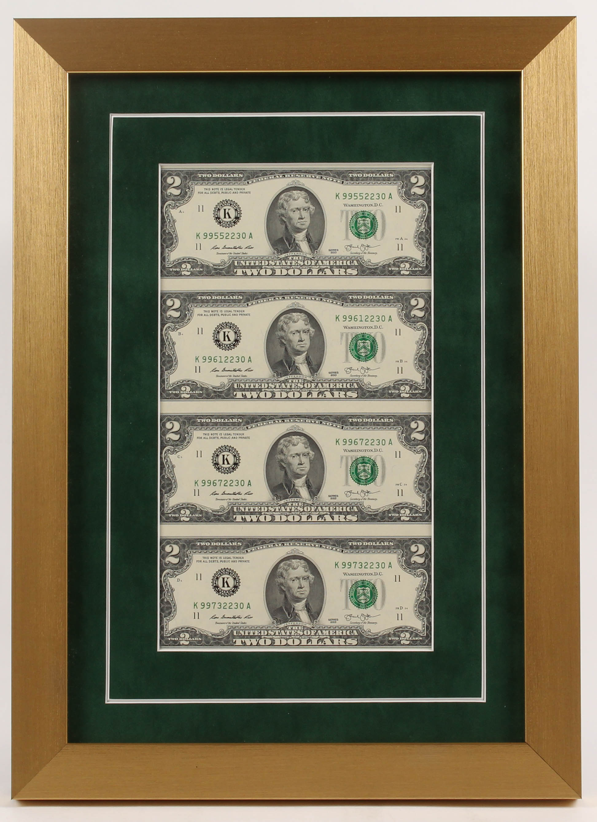 Uncut Sheet of (4) 2013 $2 One-Dollar Green Seal U.S. Federal Reserve Note Bills 12x16.5 Custom Framed Display at PristineAuction.com Uncut Sheet of (4) 2013 $2 One-Dollar Green Seal U.S. Federal Reserve Note Bills 12x16.5 Custom Framed Display at PristineAuction.com