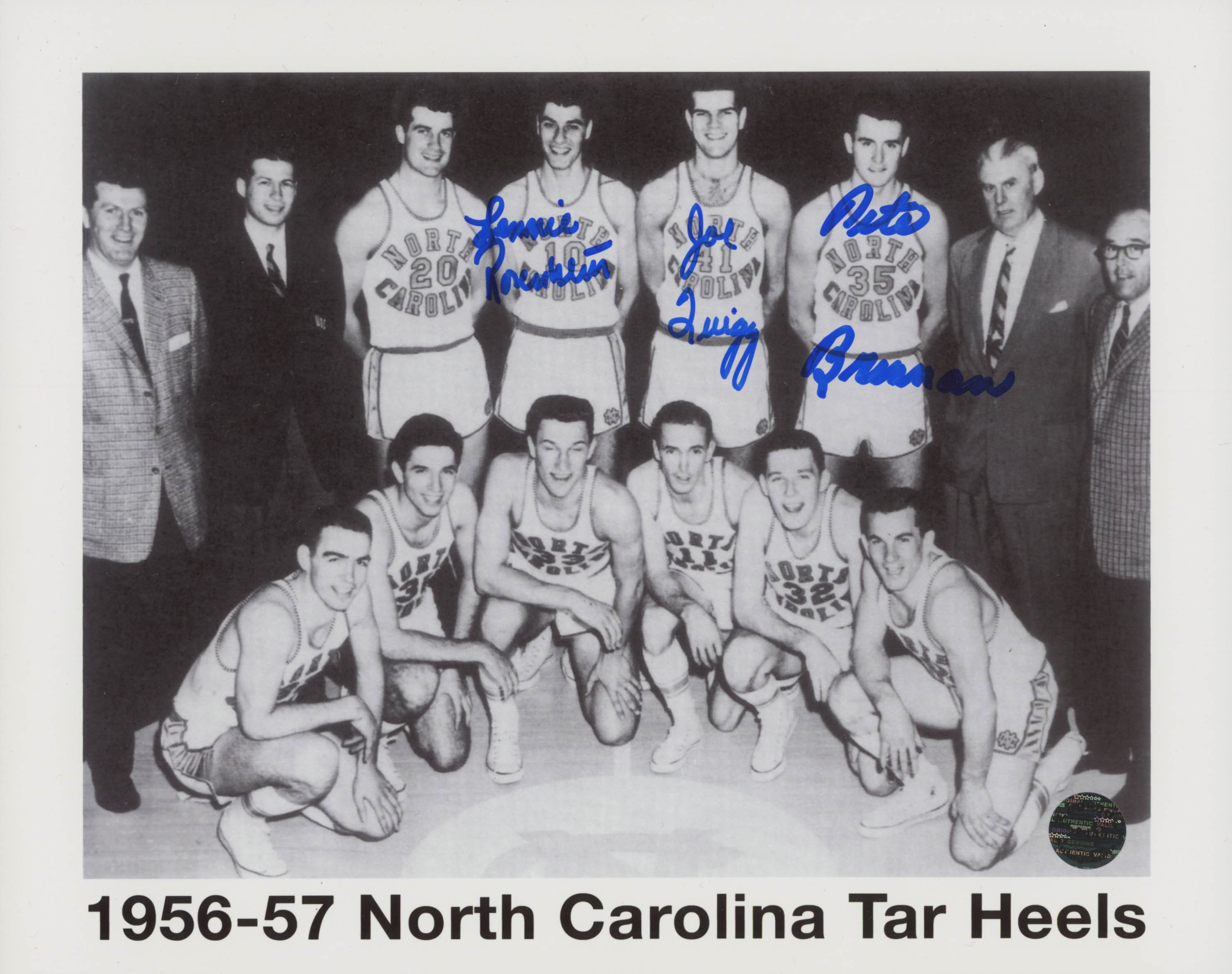 Lennie Rosenbluth, Joe Quigg & Pete Brennan Signed 1956-1957 North Carolina Tar Heels 8x10 Photo (Legends COA) at PristineAuction.com Lennie Rosenbluth, Joe Quigg & Pete Brennan Signed 1956-1957 North Carolina Tar Heels 8x10 Photo (Legends COA) at PristineAuction.com