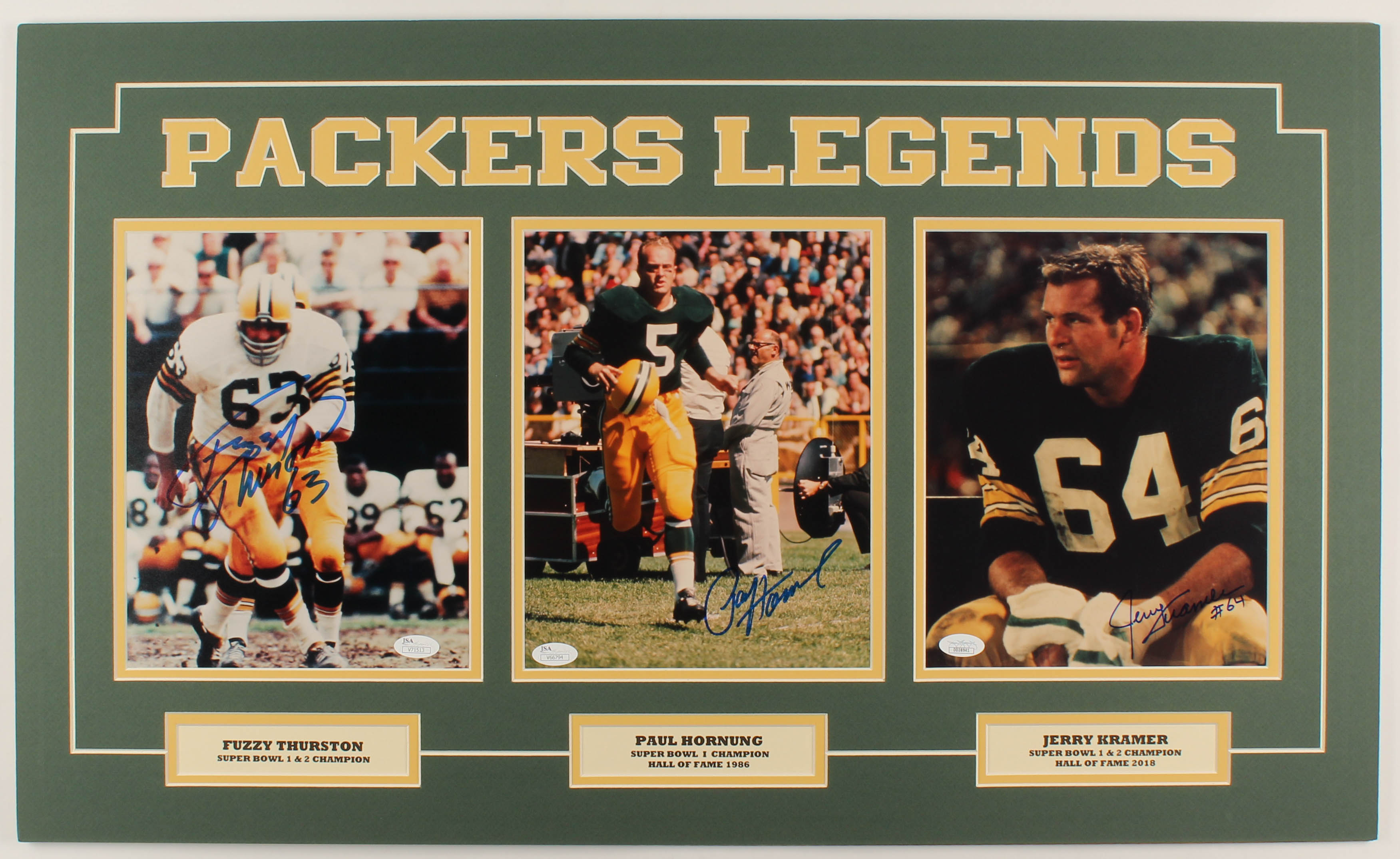 Fuzzy Thurston, Paul Hornung, & Jerry Kramer Signed "Packers Legends" 18x30 Custom Matted (3) 8x10 Photos Display (JSA COA) at PristineAuction.com Fuzzy Thurston, Paul Hornung, & Jerry Kramer Signed "Packers Legends" 18x30 Custom Matted (3) 8x10 Photos Display (JSA COA) at PristineAuction.com