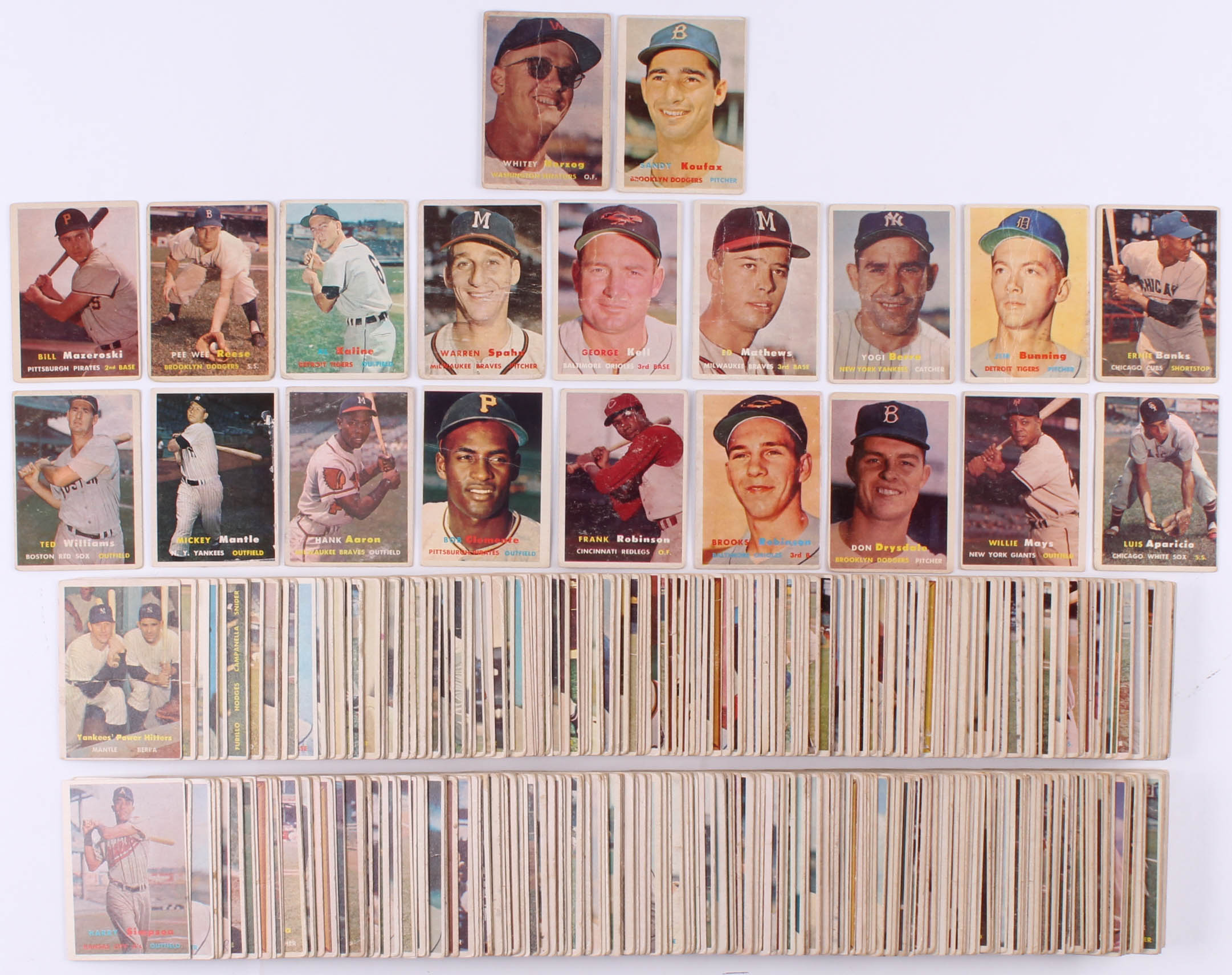 1957 Topps Complete Set of (407) Baseball Cards with #1 Ted Williams, #95 Mickey Mantle, #2 Yogi Berra, #76 Roberto Clemente, #328 Brooks Robinson RC, #55 Ernie Banks, #18 Don Drysdale RC at PristineAuction.com 1957 Topps Complete Set of (407) Baseball Cards with #1 Ted Williams, #95 Mickey Mantle, #2 Yogi Berra, #76 Roberto Clemente, #328 Brooks Robinson RC, #55 Ernie Banks, #18 Don Drysdale RC at PristineAuction.com