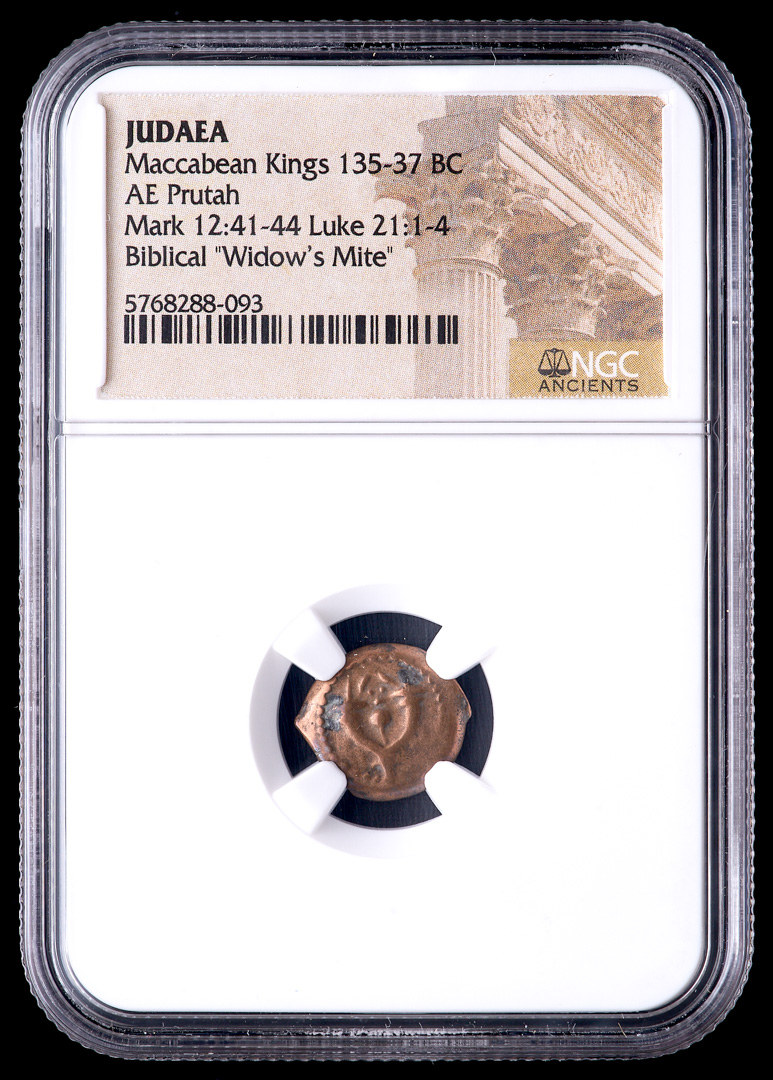 Biblical "Widow's Mite" 135-37 BC Judaean Prutah of the Maccabean Kings (NGC Certified) at PristineAuction.com Biblical "Widow's Mite" 135-37 BC Judaean Prutah of the Maccabean Kings (NGC Certified) at PristineAuction.com