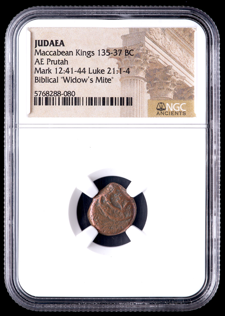 Biblical "Widow's Mite" 135-37 BC Judaean Prutah of the Maccabean Kings (NGC Certified) at PristineAuction.com Biblical "Widow's Mite" 135-37 BC Judaean Prutah of the Maccabean Kings (NGC Certified) at PristineAuction.com