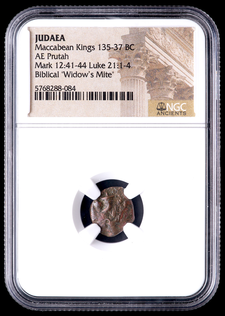 Biblical "Widow's Mite" 135-37 BC Judaean Prutah of the Maccabean Kings (NGC Certified) at PristineAuction.com Biblical "Widow's Mite" 135-37 BC Judaean Prutah of the Maccabean Kings (NGC Certified) at PristineAuction.com