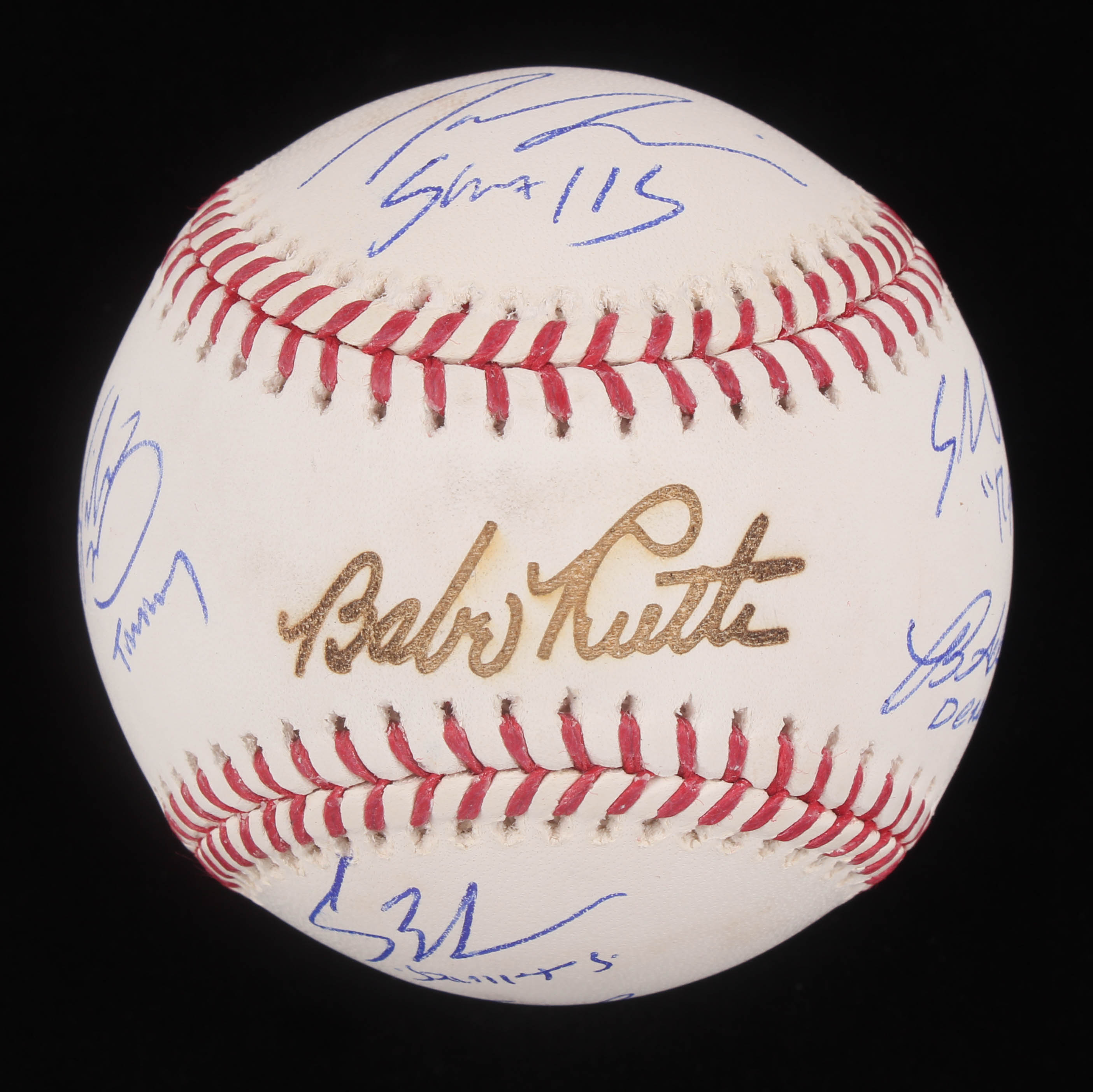 "The Sandlot" Babe Ruth Logo Baseball Cast-Signed By (6) with Tom Guiry, Chauncey Leopardi, Marty York, Victor Di Mattia with Multiple Inscriptions (Beckett COA) at PristineAuction.com "The Sandlot" Babe Ruth Logo Baseball Cast-Signed By (6) with Tom Guiry, Chauncey Leopardi, Marty York, Victor Di Mattia with Multiple Inscriptions (Beckett COA) at PristineAuction.com