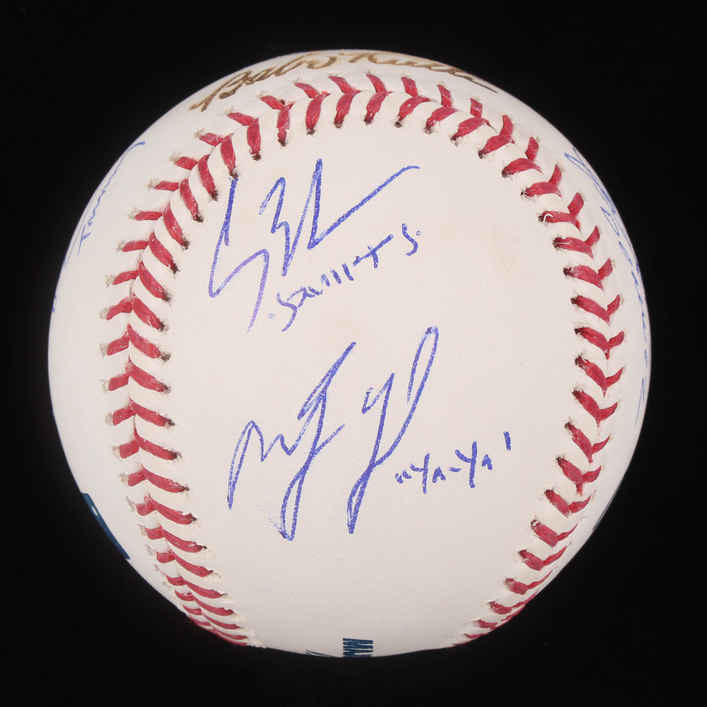 "The Sandlot" Babe Ruth Logo Baseball Cast-Signed By (6) with Tom Guiry, Chauncey Leopardi, Marty York, Victor Di Mattia with Multiple Inscriptions (Beckett COA) at PristineAuction.com "The Sandlot" Babe Ruth Logo Baseball Cast-Signed By (6) with Tom Guiry, Chauncey Leopardi, Marty York, Victor Di Mattia with Multiple Inscriptions (Beckett COA) at PristineAuction.com