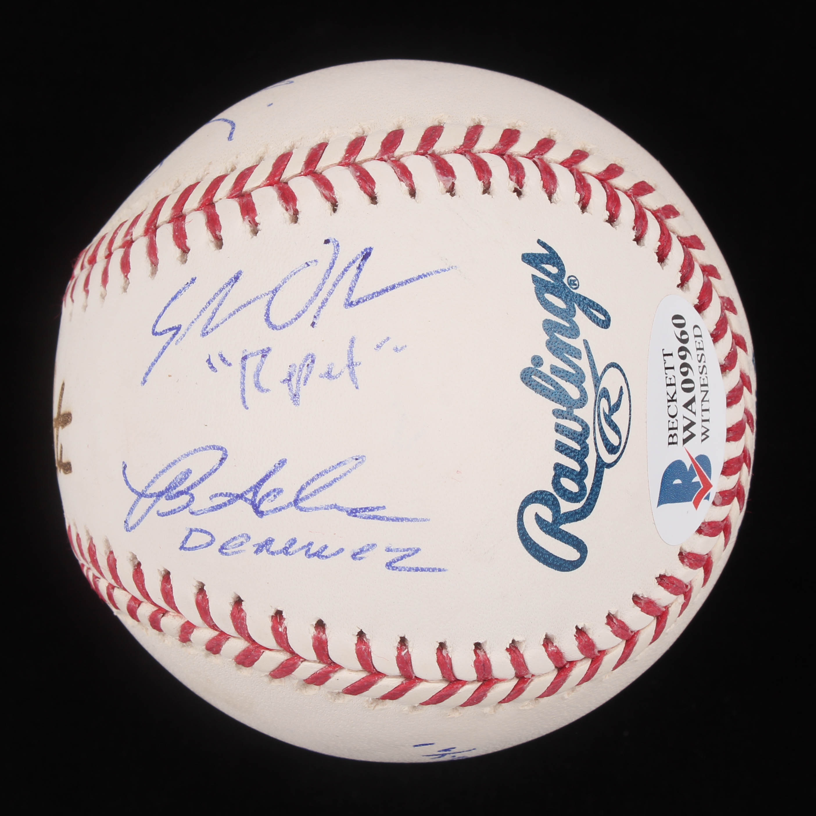 "The Sandlot" Babe Ruth Logo Baseball Cast-Signed By (6) with Tom Guiry, Chauncey Leopardi, Marty York, Victor Di Mattia with Multiple Inscriptions (Beckett COA) at PristineAuction.com "The Sandlot" Babe Ruth Logo Baseball Cast-Signed By (6) with Tom Guiry, Chauncey Leopardi, Marty York, Victor Di Mattia with Multiple Inscriptions (Beckett COA) at PristineAuction.com