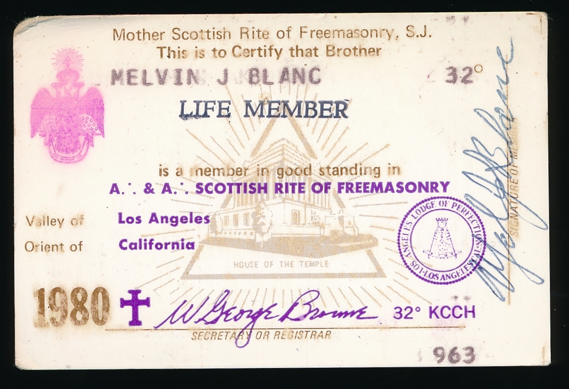 Mel Blanc Signed Personal 1980 Freemasonry Membership Card (PSA COA) at PristineAuction.com Mel Blanc Signed Personal 1980 Freemasonry Membership Card (PSA COA) at PristineAuction.com