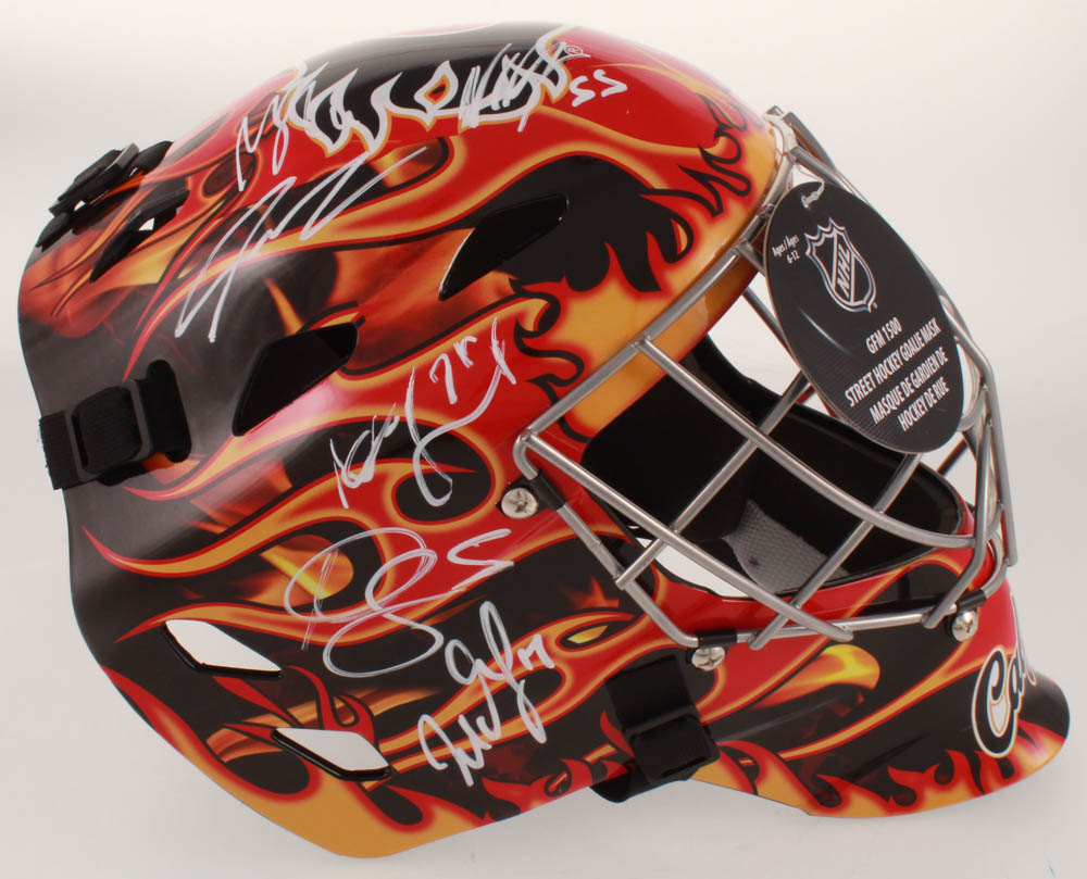 2019-20 Flames Full Size Goalie Mask Team-Signed by (13) with Mark Giordano, Sean Monahan, Milan Lucic, Andrew Mangiapane, Tobias Reider (JSA ALOA) at PristineAuction.com 2019-20 Flames Full Size Goalie Mask Team-Signed by (13) with Mark Giordano, Sean Monahan, Milan Lucic, Andrew Mangiapane, Tobias Reider (JSA ALOA) at PristineAuction.com