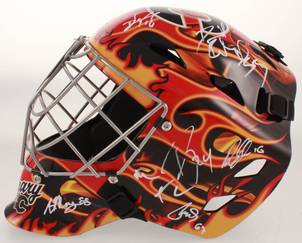 2019-20 Flames Full Size Goalie Mask Team-Signed by (13) with Mark Giordano, Sean Monahan, Milan Lucic, Andrew Mangiapane, Tobias Reider (JSA ALOA) at PristineAuction.com 2019-20 Flames Full Size Goalie Mask Team-Signed by (13) with Mark Giordano, Sean Monahan, Milan Lucic, Andrew Mangiapane, Tobias Reider (JSA ALOA) at PristineAuction.com