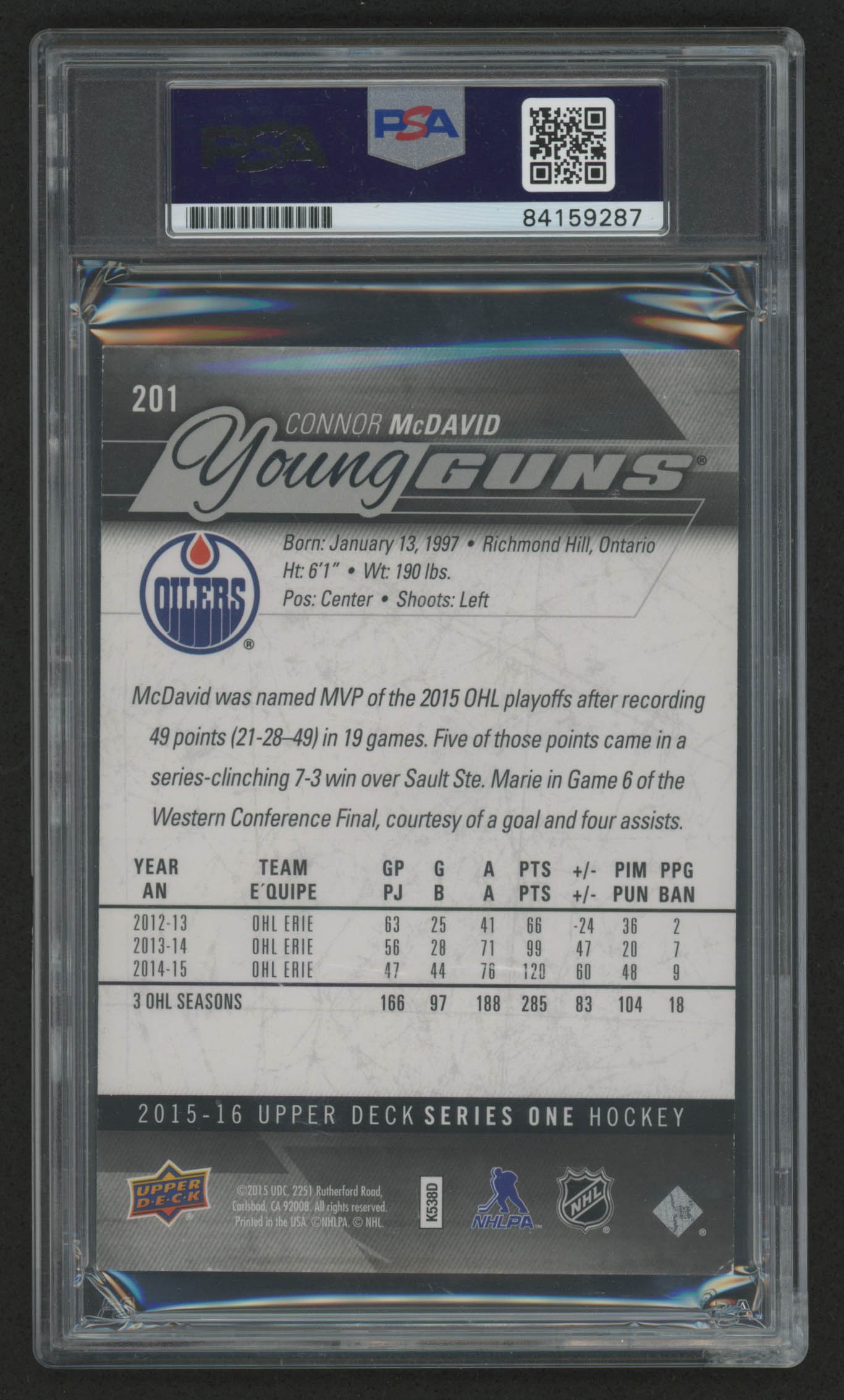 Connor McDavid Signed 2015-16 Upper Deck Oversized #201 Young Guns (PSA Encapsulated) at PristineAuction.com Connor McDavid Signed 2015-16 Upper Deck Oversized #201 Young Guns (PSA Encapsulated) at PristineAuction.com