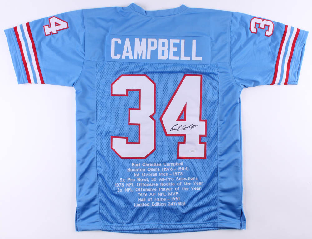 Earl Campbell Signed Career Highlight Stat Jersey Inscribed "HOF 91" (JSA COA) at PristineAuction.com Earl Campbell Signed Career Highlight Stat Jersey Inscribed "HOF 91" (JSA COA) at PristineAuction.com