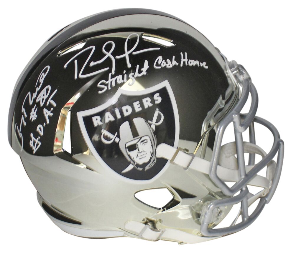 Jerry Rice & Randy Moss Signed Raiders Full-Size Chrome Speed Helmet Inscribed "G.O.A.T." & "Straight Cash Homie" (Beckett COA) at PristineAuction.com Jerry Rice & Randy Moss Signed Raiders Full-Size Chrome Speed Helmet Inscribed "G.O.A.T." & "Straight Cash Homie" (Beckett COA) at PristineAuction.com