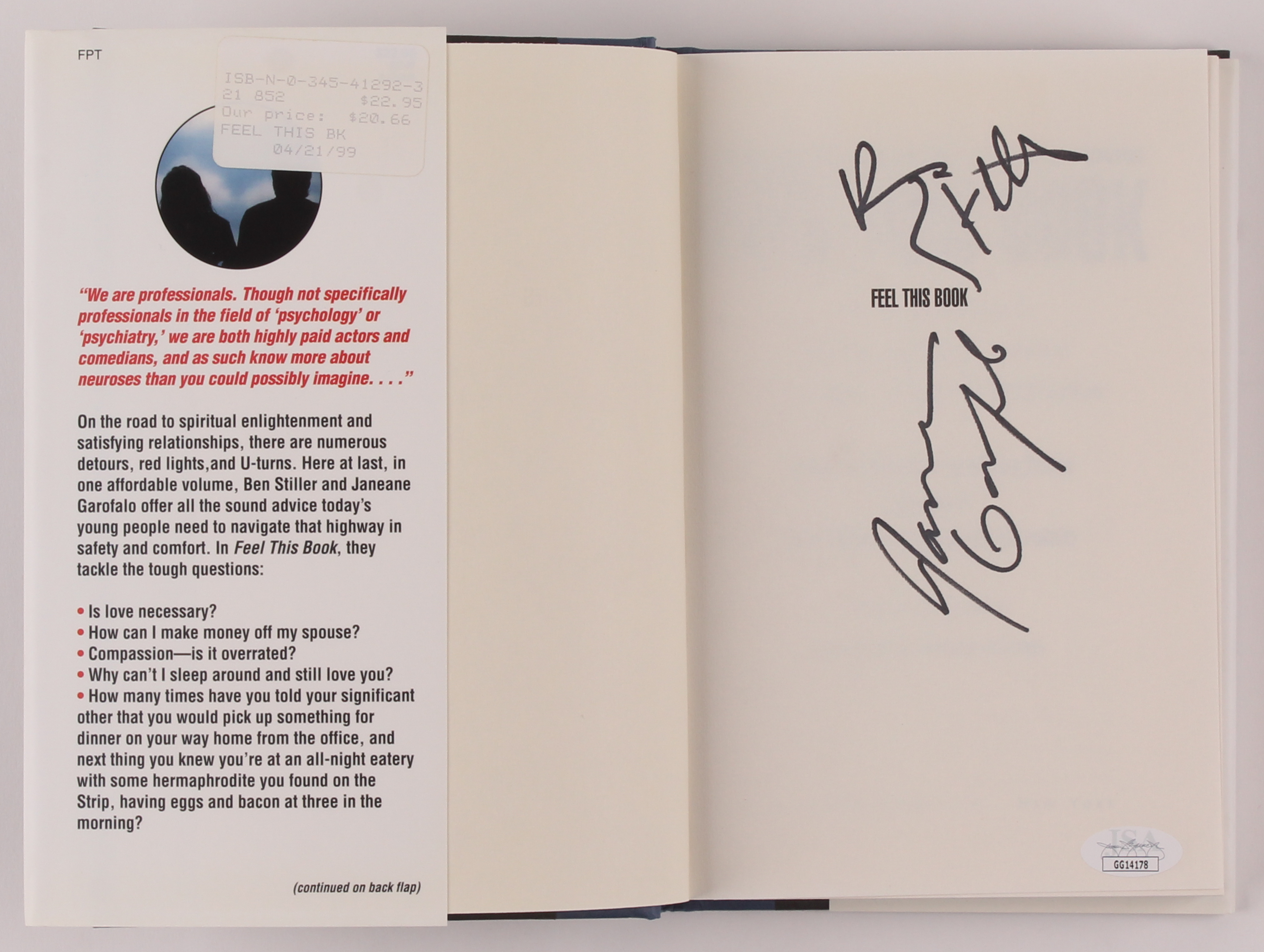 Ben Stiller & Janeane Garofalo Signed "Feel This Book: An Essential Guide to Self-Empowerment, Spiritual Supremacy, and Sexual Satisfaction" Hardcover Book (JSA COA) at PristineAuction.com Ben Stiller & Janeane Garofalo Signed "Feel This Book: An Essential Guide to Self-Empowerment, Spiritual Supremacy, and Sexual Satisfaction" Hardcover Book (JSA COA) at PristineAuction.com