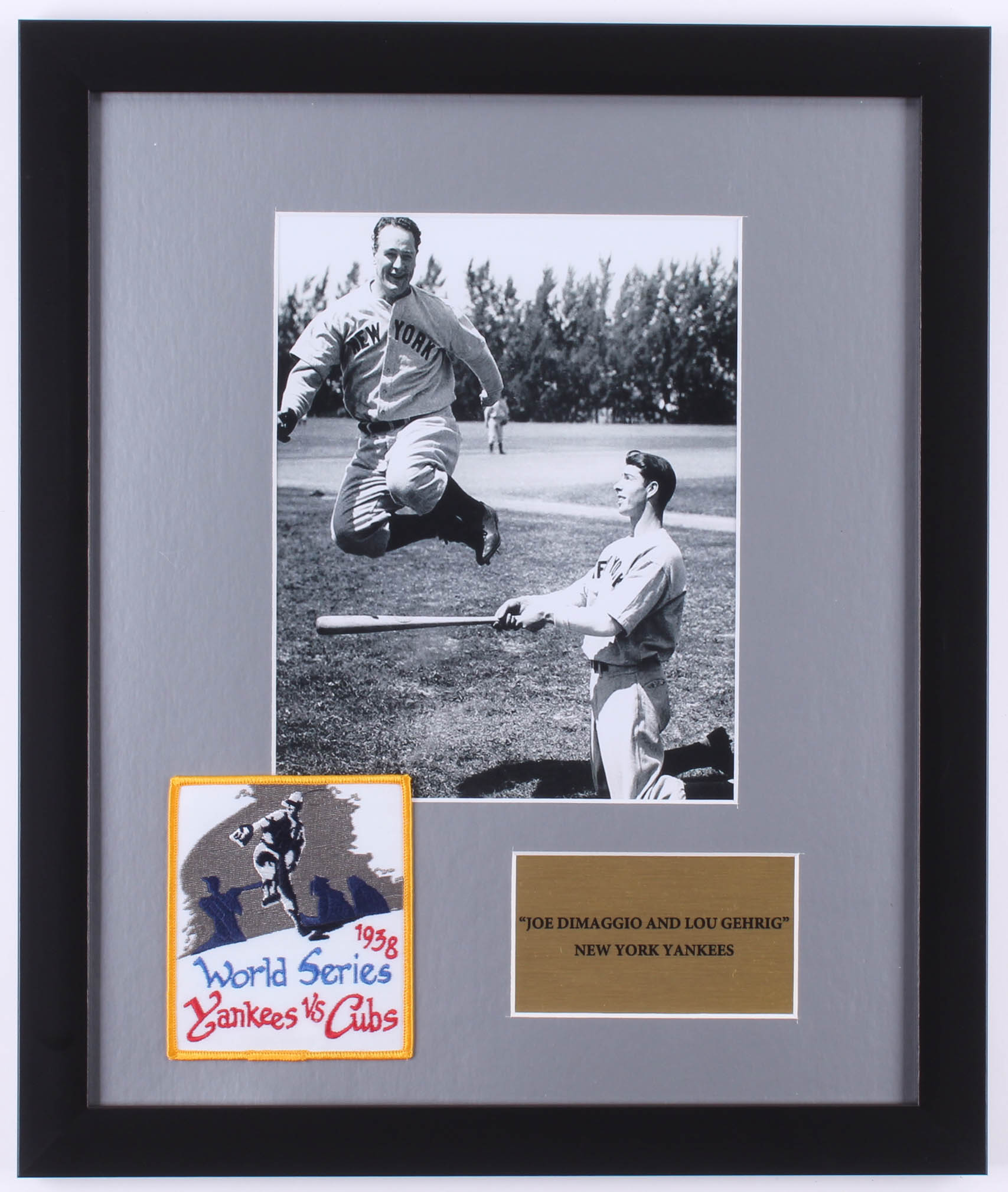 Lou Gehrig & Joe DiMaggio Yankees 16x19 Custom Framed Photo Display with 1938 Yankees World Series Patch at PristineAuction.com Lou Gehrig & Joe DiMaggio Yankees 16x19 Custom Framed Photo Display with 1938 Yankees World Series Patch at PristineAuction.com