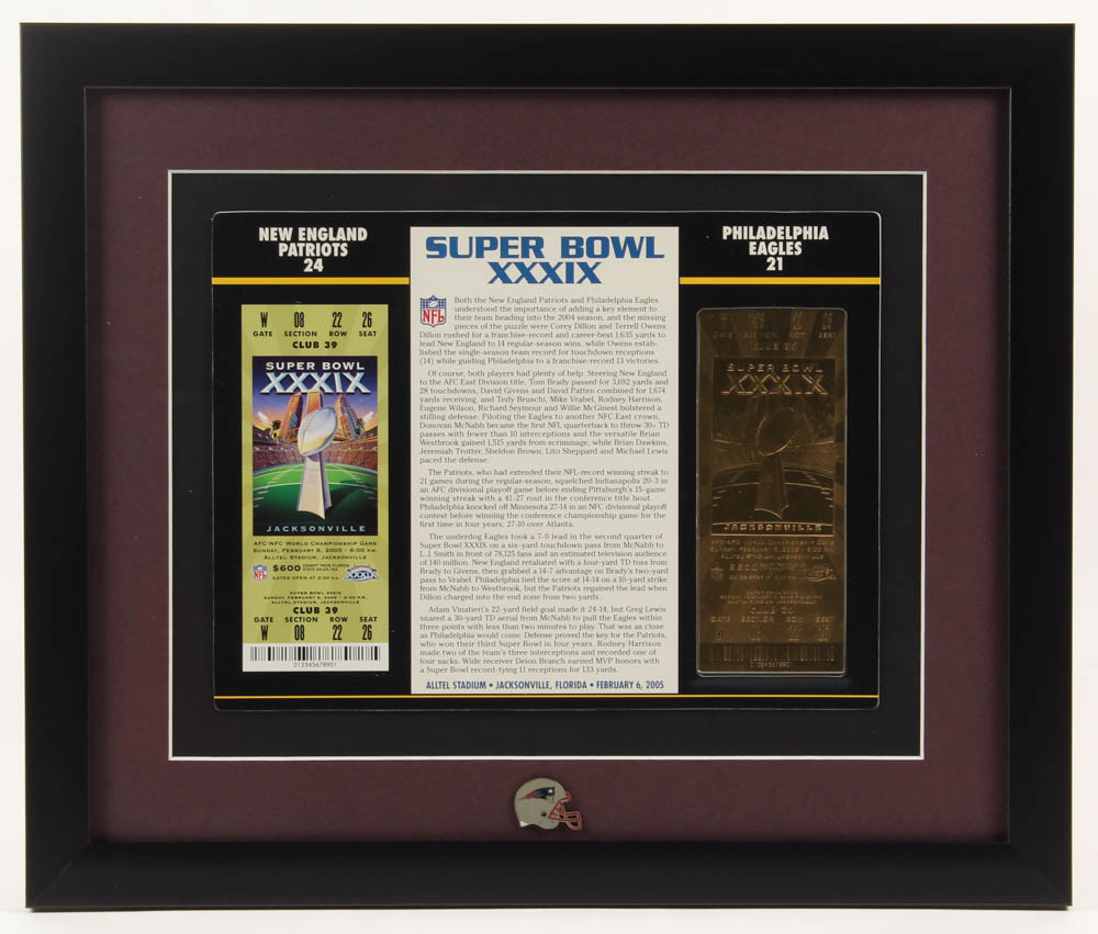 Super Bowl XXXIX Commemorative 16x19 Custom Framed Score Card Display with 23kt Gold Ticket & Patriots Pin at PristineAuction.com Super Bowl XXXIX Commemorative 16x19 Custom Framed Score Card Display with 23kt Gold Ticket & Patriots Pin at PristineAuction.com