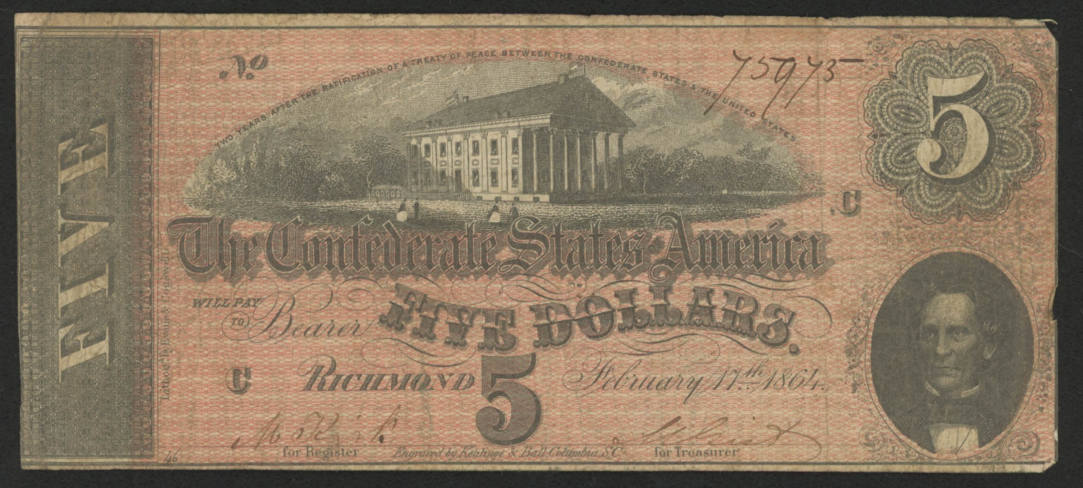 1864 $5 Five Dollars Confederate States of America Richmond CSA Bank Note Bill at PristineAuction.com 1864 $5 Five Dollars Confederate States of America Richmond CSA Bank Note Bill at PristineAuction.com