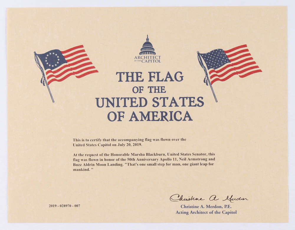 American Flag Flown over the Capitol on July 20, 2019 (Architect of the Capitol COA) at PristineAuction.com American Flag Flown over the Capitol on July 20, 2019 (Architect of the Capitol COA) at PristineAuction.com