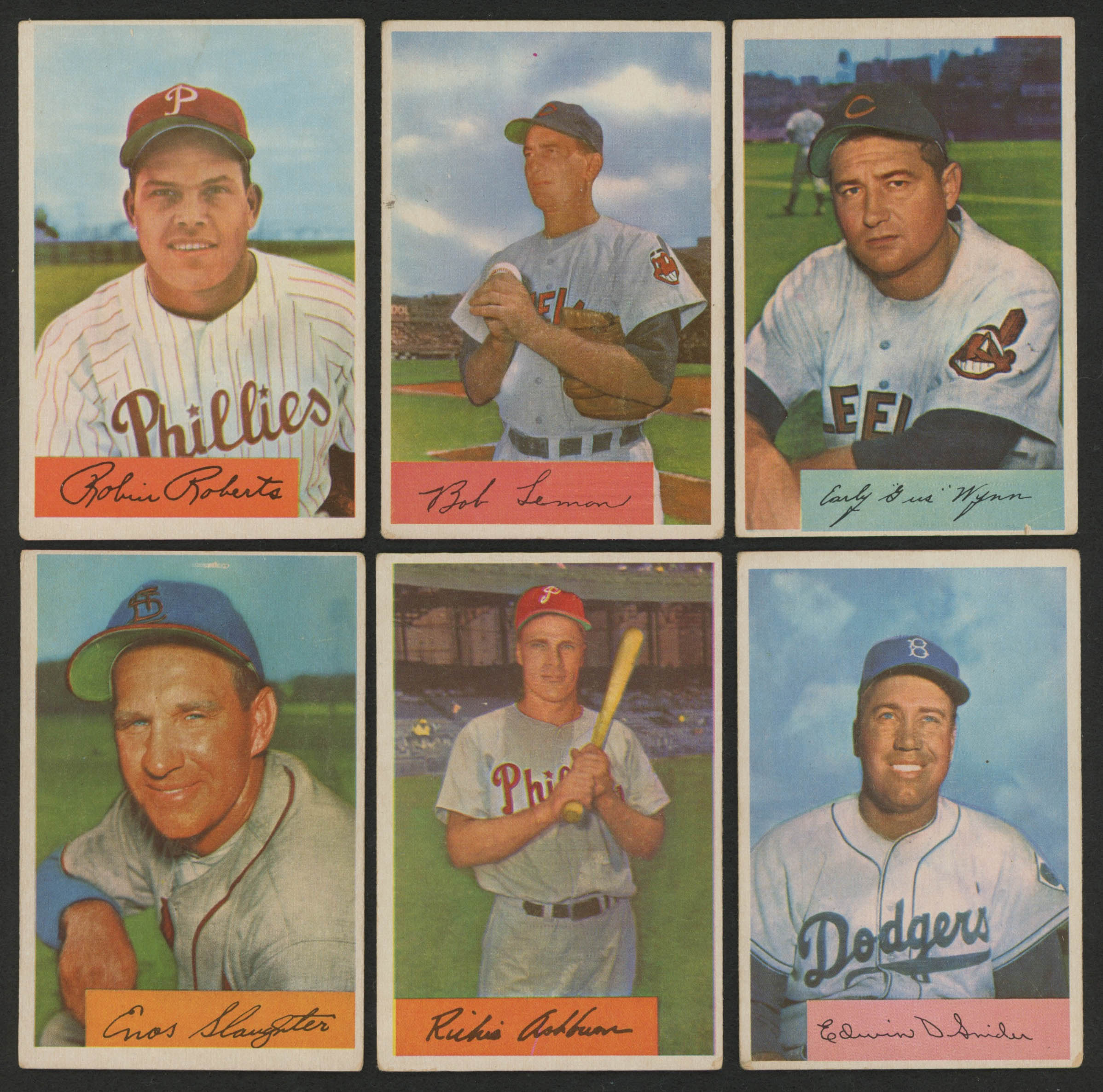 Lot of (6) 1954 Bowman Baseball Cards with #95 Robin Roberts, #15 Richie Ashburn, #170 Duke Snider, #196 Bob Lemon at PristineAuction.com Lot of (6) 1954 Bowman Baseball Cards with #95 Robin Roberts, #15 Richie Ashburn, #170 Duke Snider, #196 Bob Lemon at PristineAuction.com