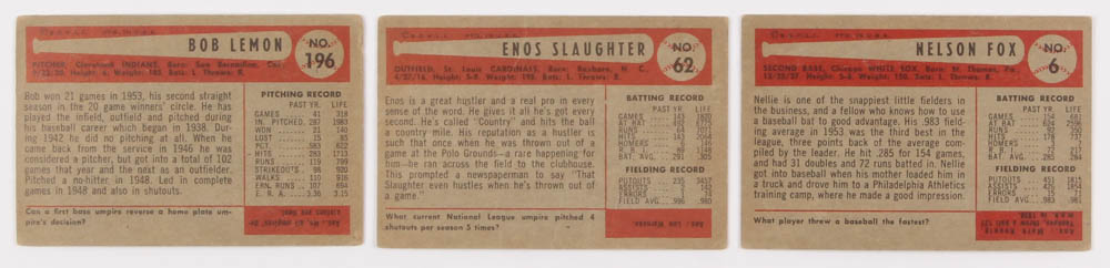 Lot of (30) 1954 Bowman Baseball Cards with #196 Bob Lemon, #62 Enos Slaughter, #6 Nellie Fox at PristineAuction.com Lot of (30) 1954 Bowman Baseball Cards with #196 Bob Lemon, #62 Enos Slaughter, #6 Nellie Fox at PristineAuction.com
