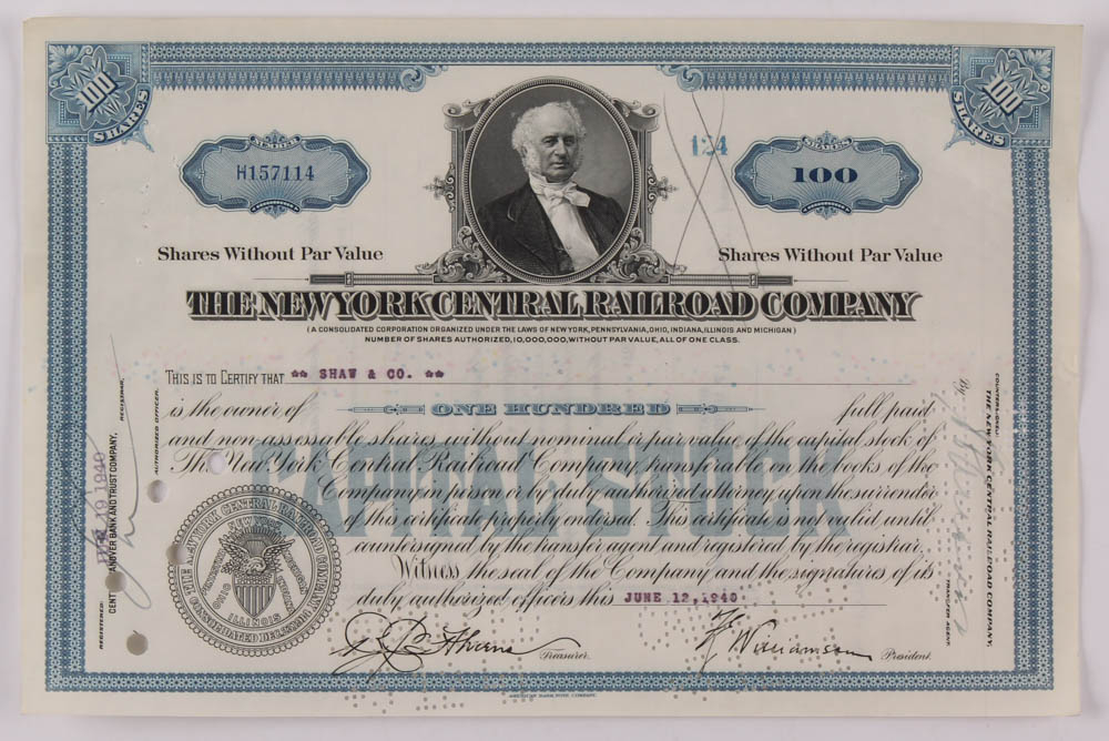 Vintage 1940 "The New York Central Railroad Company" (100) Shares Stock