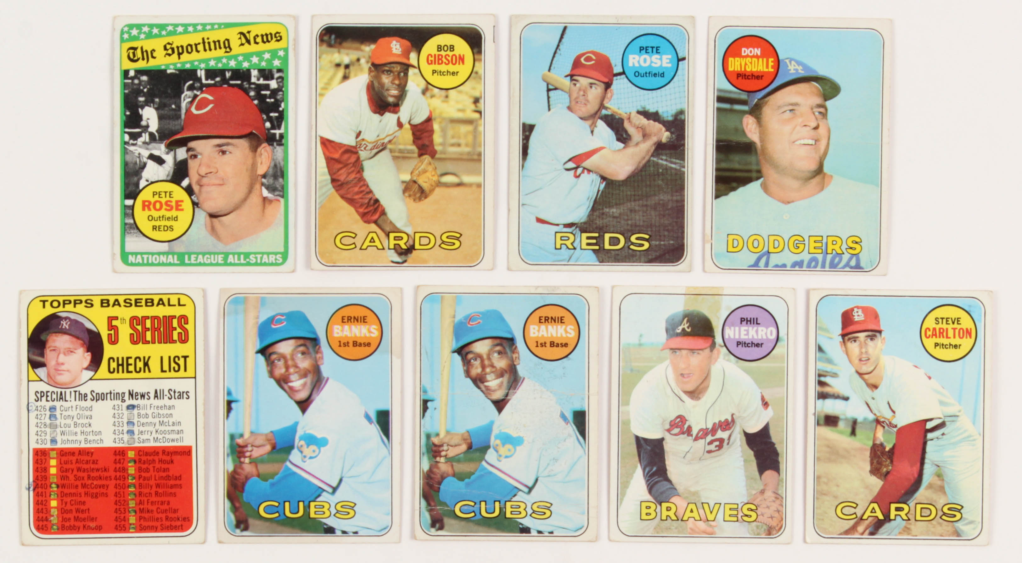 Lot of (9) 1969 Topps Baseball Cards with #20 Ernie Banks, #412 Checklist 5 / Mickey Mantle, #424 Pete Rose AS, #255 Steve Carlton, #355 Phil Niekro at PristineAuction.com Lot of (9) 1969 Topps Baseball Cards with #20 Ernie Banks, #412 Checklist 5 / Mickey Mantle, #424 Pete Rose AS, #255 Steve Carlton, #355 Phil Niekro at PristineAuction.com