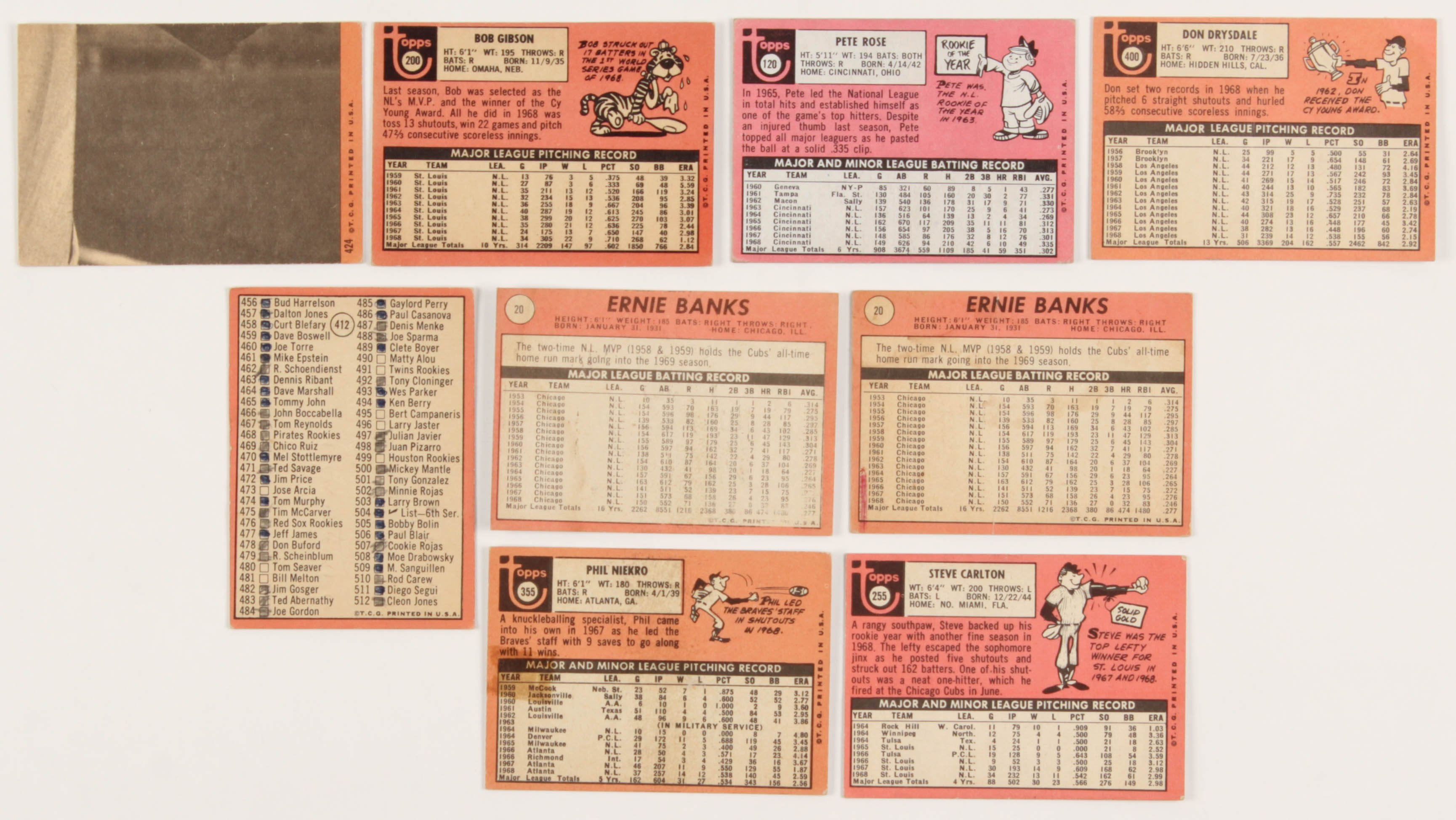 Lot of (9) 1969 Topps Baseball Cards with #20 Ernie Banks, #412 Checklist 5 / Mickey Mantle, #424 Pete Rose AS, #255 Steve Carlton, #355 Phil Niekro at PristineAuction.com Lot of (9) 1969 Topps Baseball Cards with #20 Ernie Banks, #412 Checklist 5 / Mickey Mantle, #424 Pete Rose AS, #255 Steve Carlton, #355 Phil Niekro at PristineAuction.com