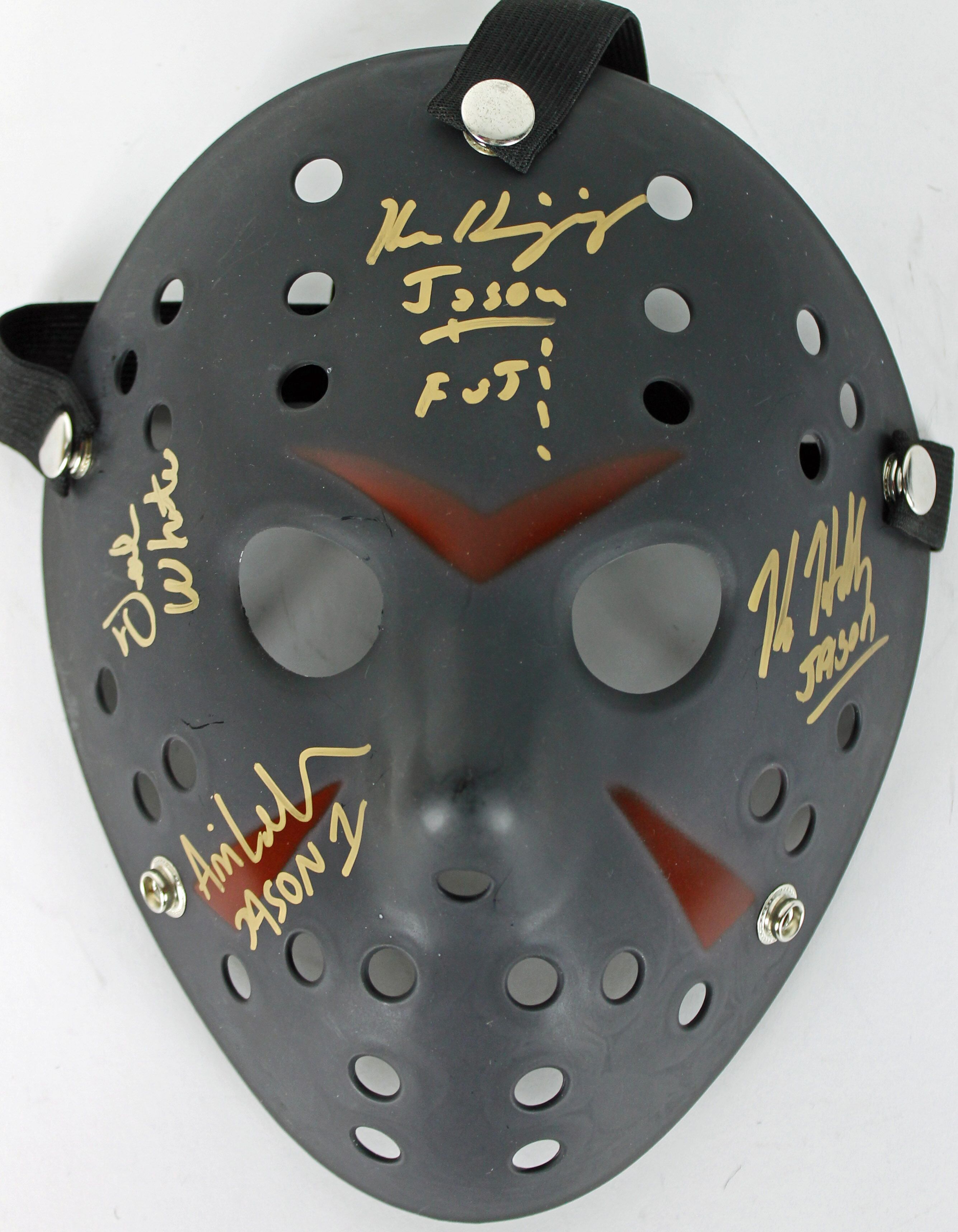 "Friday the 13th" Mask Signed by (4) with Kane Hodder, Ari Lehman, Ken Kirzinger & Ted White Inscribed "Jason", "Jason FOT" & "Jason 1" (JSA COA) at PristineAuction.com "Friday the 13th" Mask Signed by (4) with Kane Hodder, Ari Lehman, Ken Kirzinger & Ted White Inscribed "Jason", "Jason FOT" & "Jason 1" (JSA COA) at PristineAuction.com