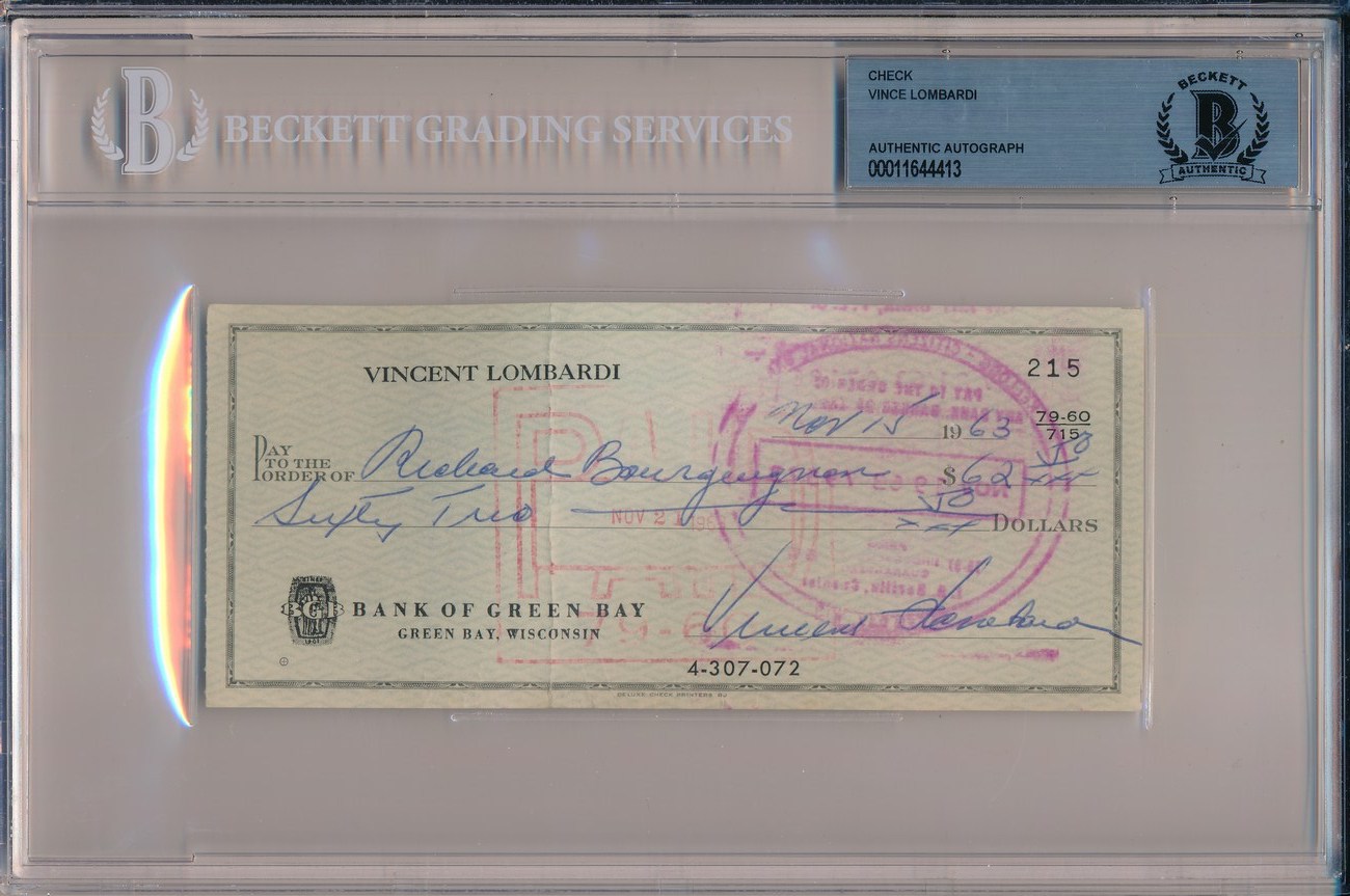 Vince Lombardi Signed 1963 Personal Bank Check (BGS Encapsulated) at PristineAuction.com Vince Lombardi Signed 1963 Personal Bank Check (BGS Encapsulated) at PristineAuction.com