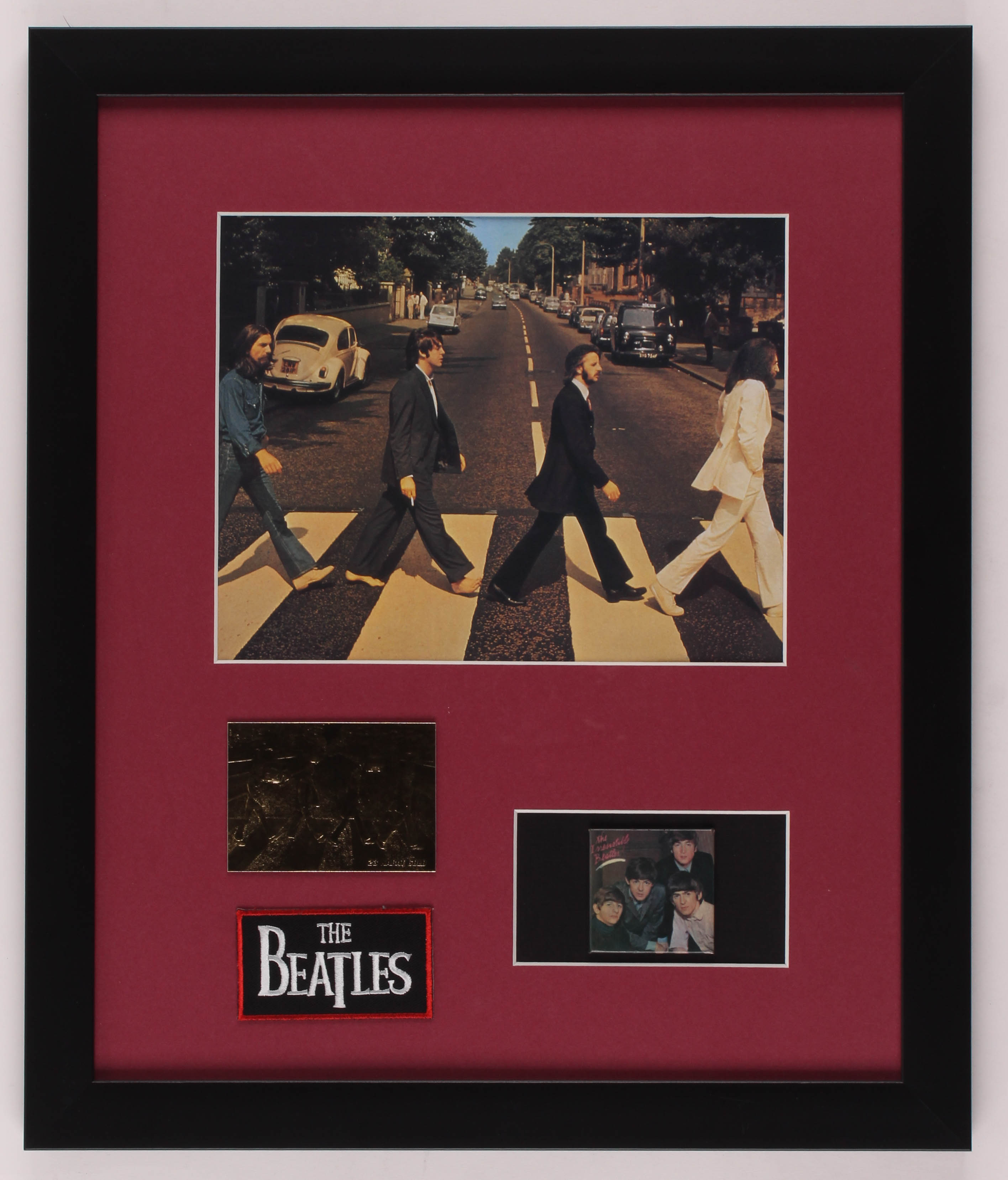The Beatles 16x19 Custom Framed Photo Display with 23 KT Gold Card & Vintage Pin at PristineAuction.com The Beatles 16x19 Custom Framed Photo Display with 23 KT Gold Card & Vintage Pin at PristineAuction.com
