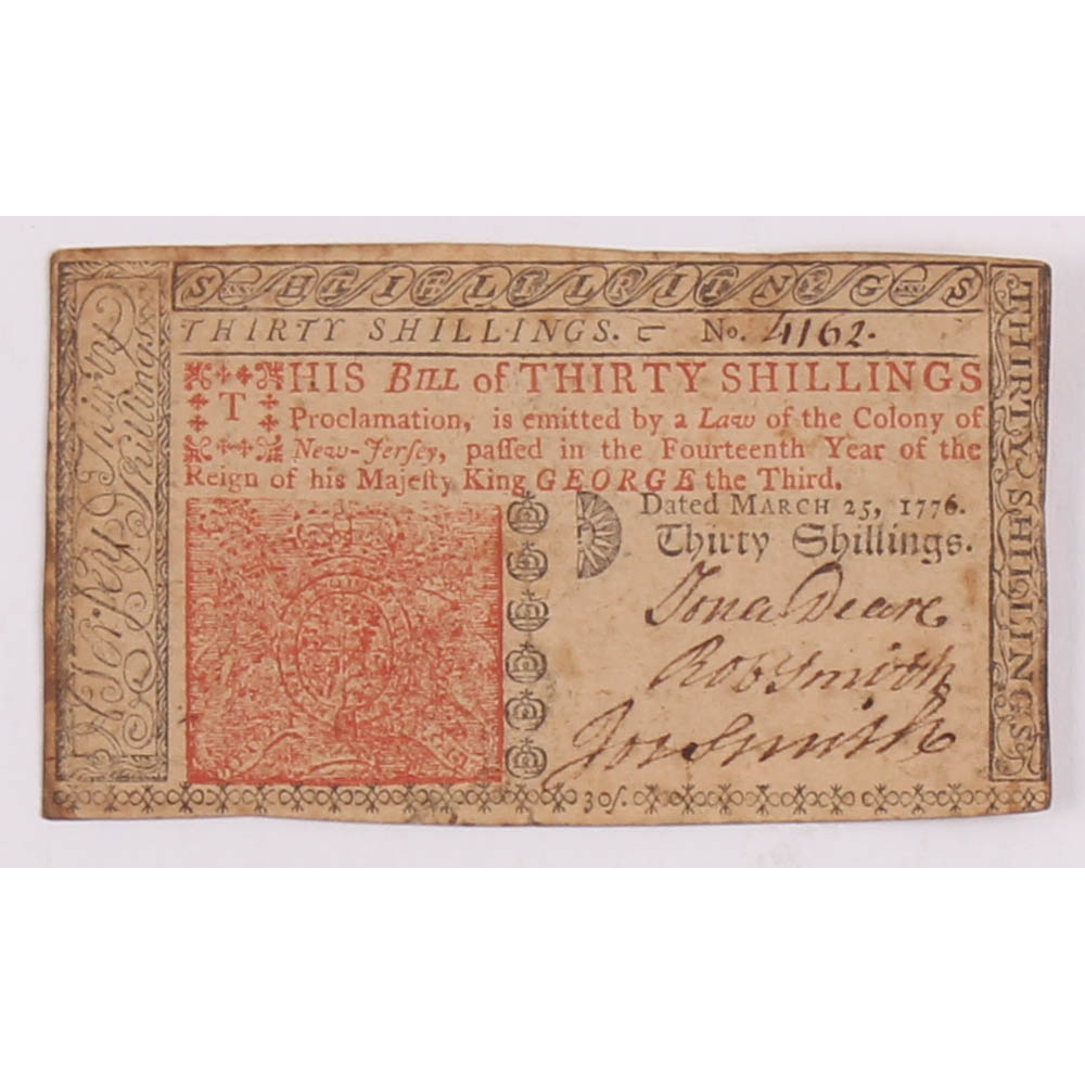 1776 Thirty Shillings New Jersey Colonial Currency Note Pristine Auction