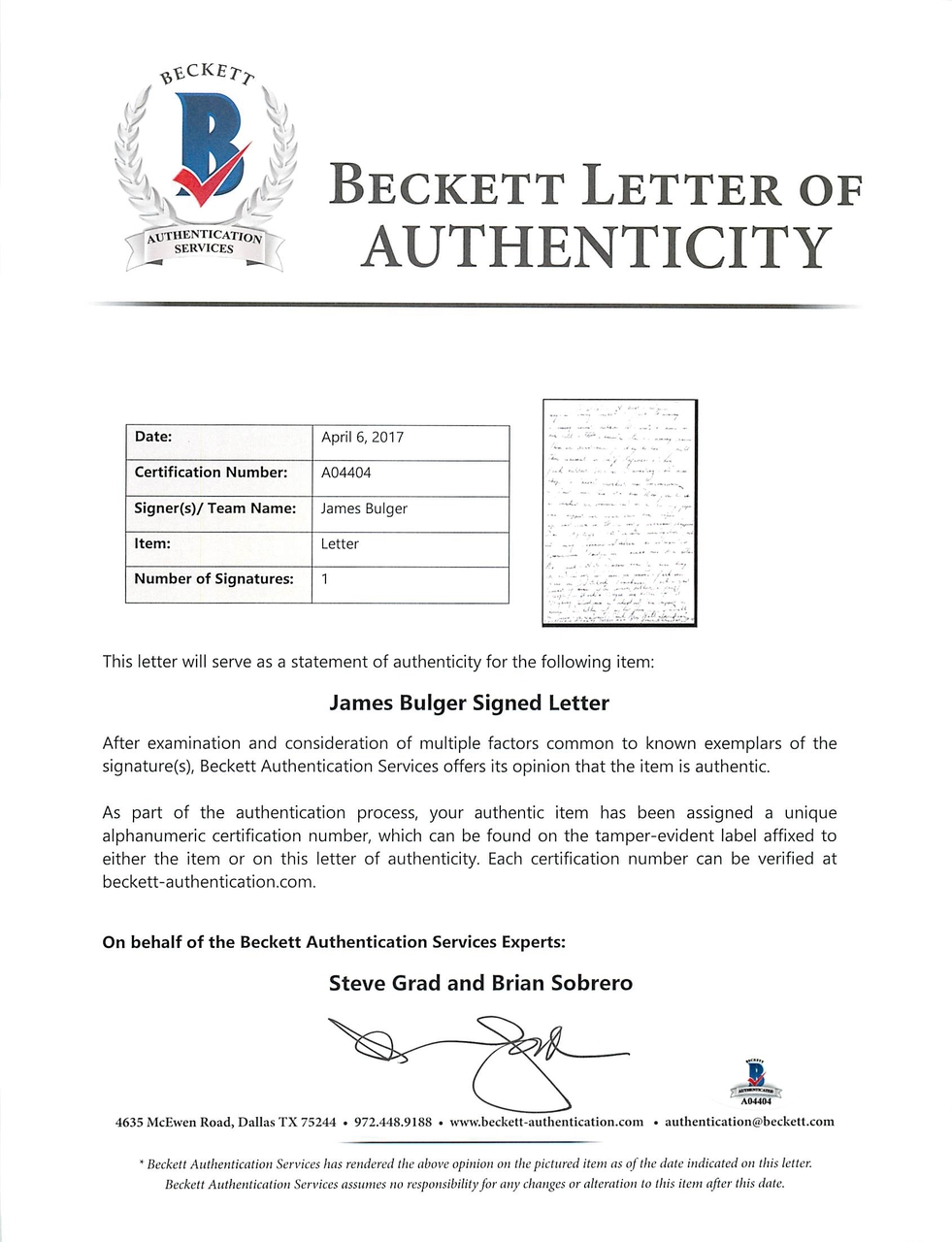 Whitey Bulger Signed 4x6 Mug Shot Of Walter Mollett (Beckett LOA) at PristineAuction.com Whitey Bulger Signed 4x6 Mug Shot Of Walter Mollett (Beckett LOA) at PristineAuction.com