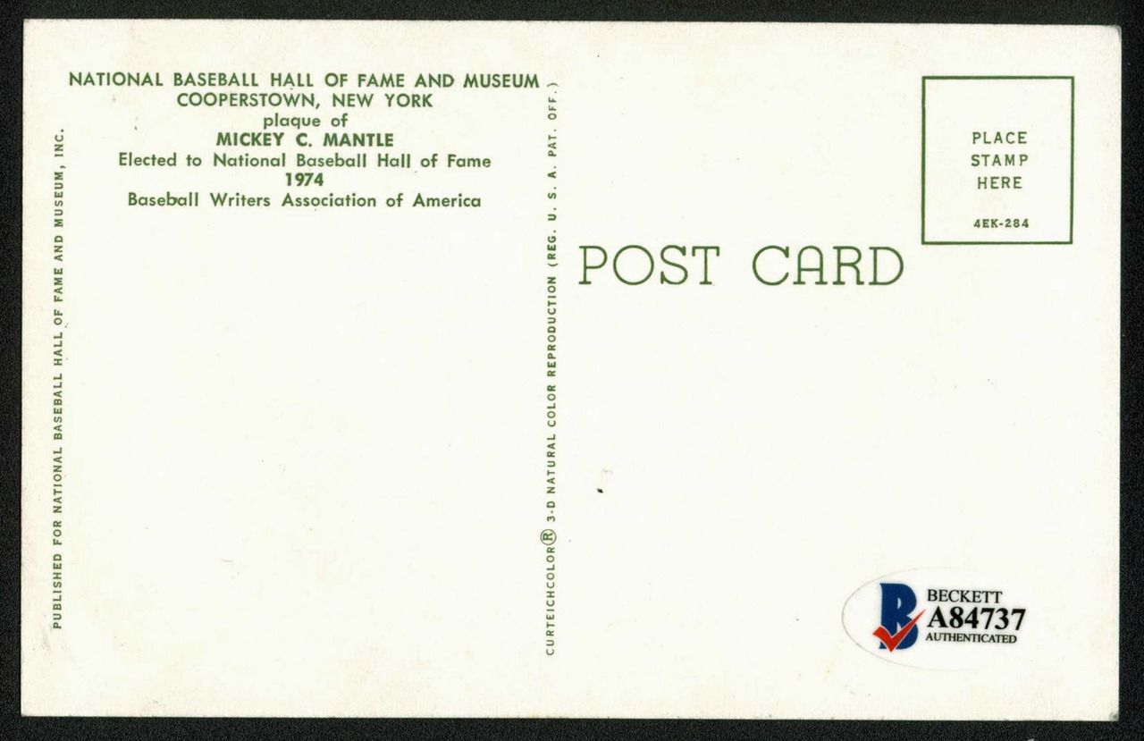 Mickey Mantle Signed 3.5x5.5 Hall of Fame Plaque Postcard (Beckett LOA) at PristineAuction.com Mickey Mantle Signed 3.5x5.5 Hall of Fame Plaque Postcard (Beckett LOA) at PristineAuction.com