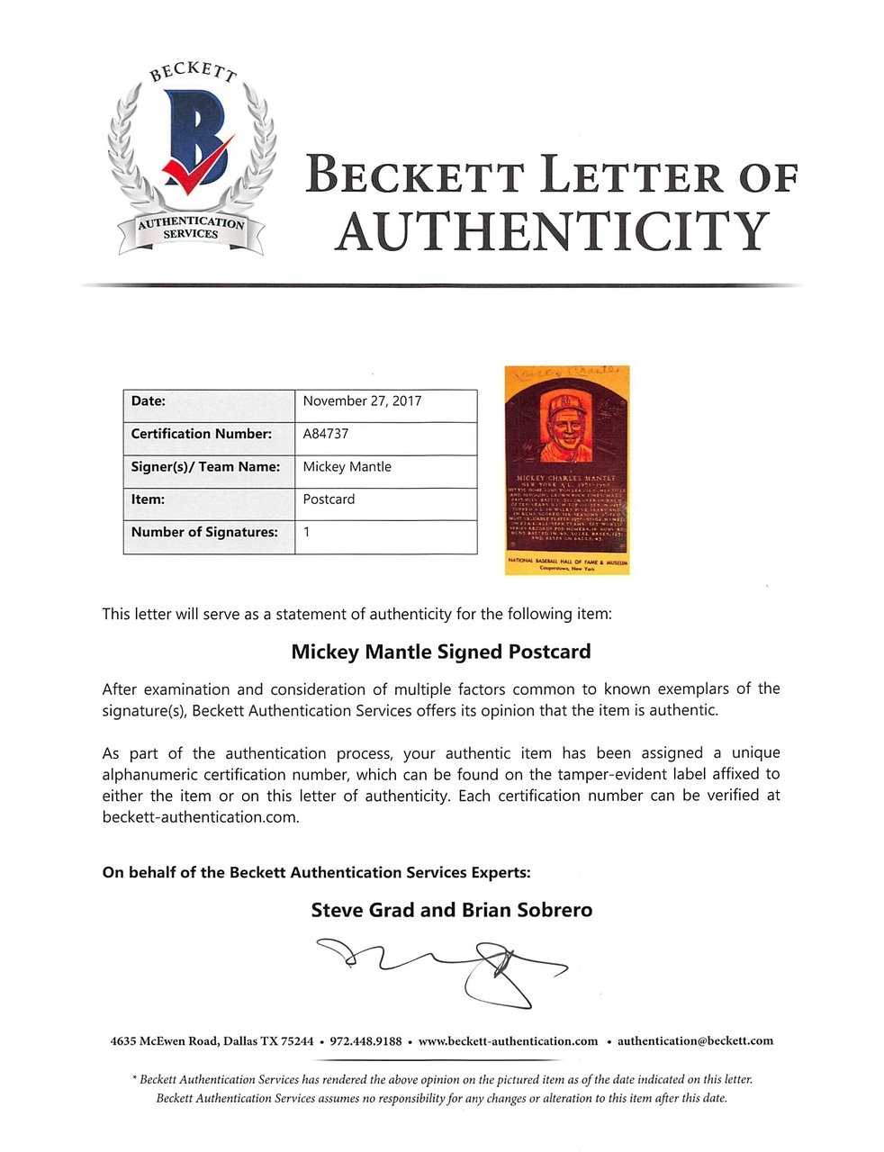 Mickey Mantle Signed 3.5x5.5 Hall of Fame Plaque Postcard (Beckett LOA) at PristineAuction.com Mickey Mantle Signed 3.5x5.5 Hall of Fame Plaque Postcard (Beckett LOA) at PristineAuction.com