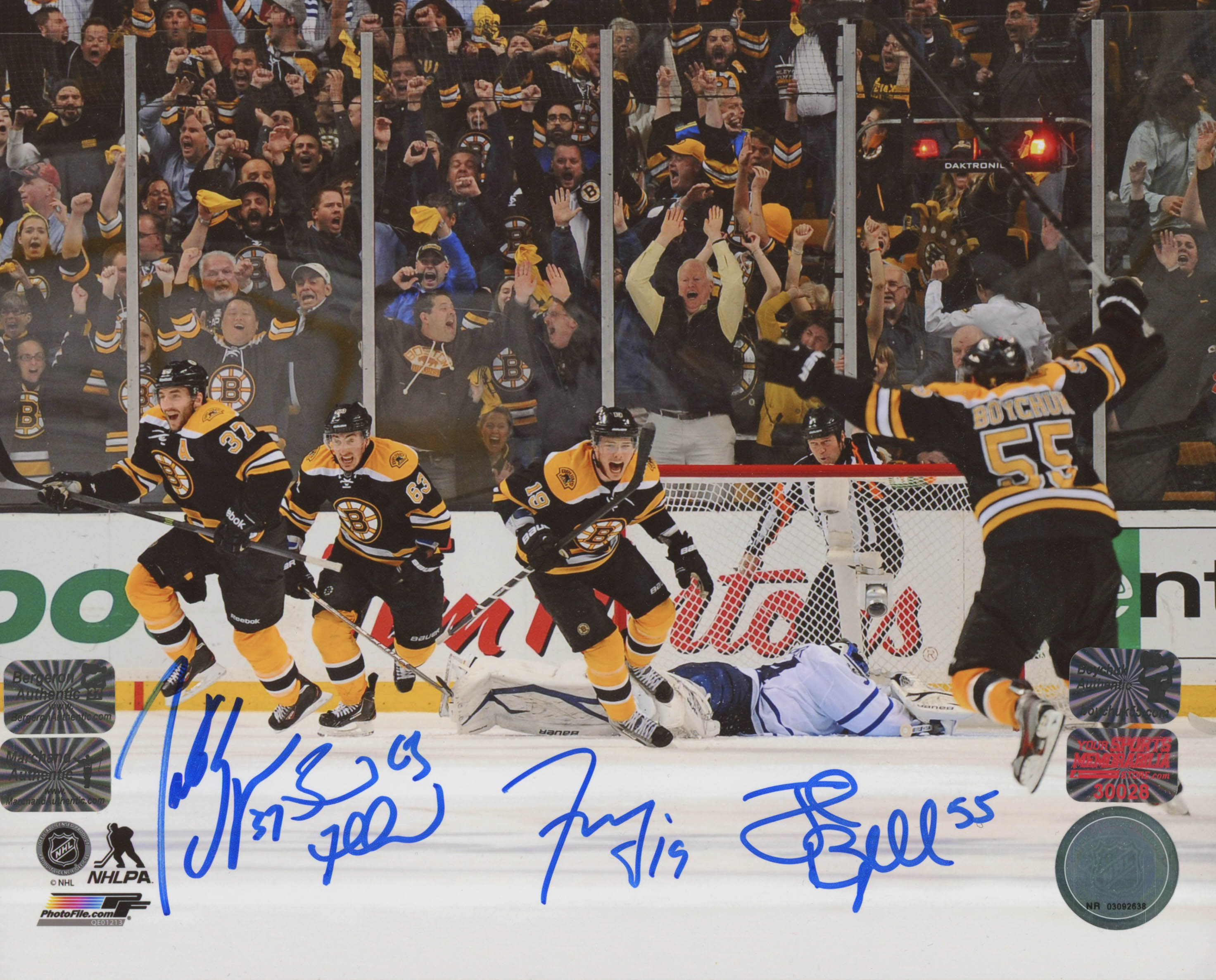 Bruins 8x10 Photo Team-Signed by (4) with Brad Marchand, Patrice Bergeron, Johnny Boychuk, & Tyler Seguin (Marchand, Bergeron, Boychuk, & Segin COA) at PristineAuction.com Bruins 8x10 Photo Team-Signed by (4) with Brad Marchand, Patrice Bergeron, Johnny Boychuk, & Tyler Seguin (Marchand, Bergeron, Boychuk, & Segin COA) at PristineAuction.com