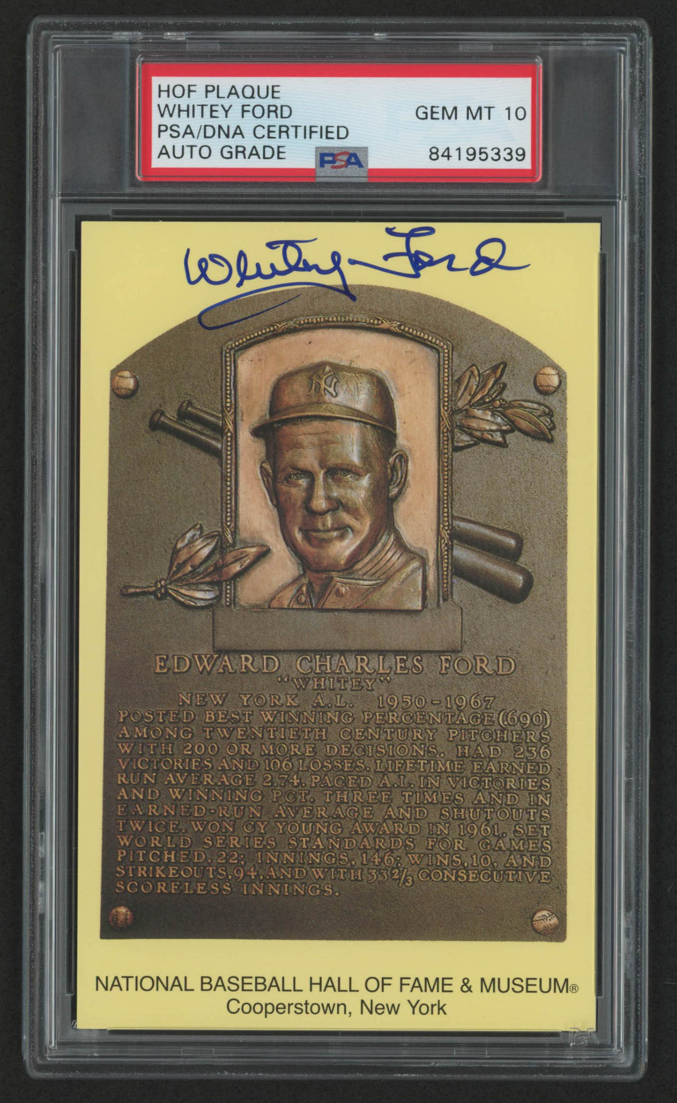 Whitey Ford Signed Hall of Fame Plaque Postcard (PSA Encapsulated) at PristineAuction.com Whitey Ford Signed Hall of Fame Plaque Postcard (PSA Encapsulated) at PristineAuction.com