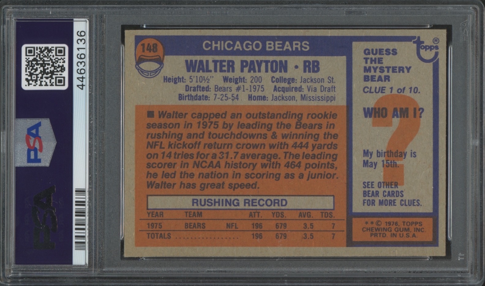 Walter Payton 1976 Topps #148 RC (PSA 7.5) at PristineAuction.com Walter Payton 1976 Topps #148 RC (PSA 7.5) at PristineAuction.com