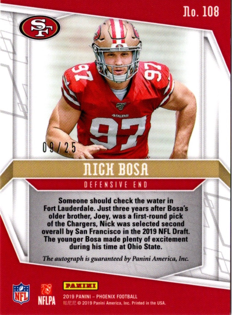 2019 Panini Phoenix Rookie Autographs Pink #108 Nick Bosa/25 at PristineAuction.com 2019 Panini Phoenix Rookie Autographs Pink #108 Nick Bosa/25 at PristineAuction.com