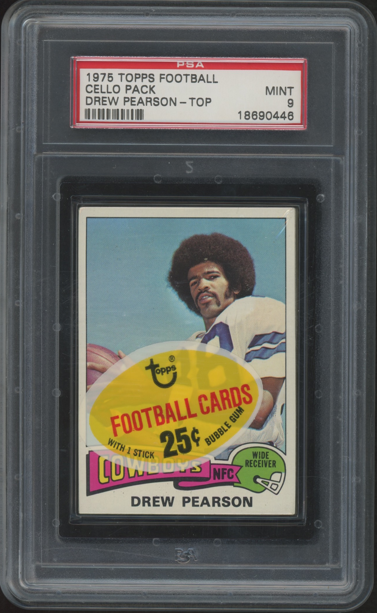 1975 Topps Football Unopened Cello Pack - #65 Drew Pearson RC - Showing on Top (PSA 9) at PristineAuction.com 1975 Topps Football Unopened Cello Pack - #65 Drew Pearson RC - Showing on Top (PSA 9) at PristineAuction.com