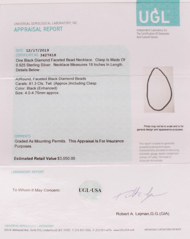 Black Diamond Faceted Bead Neckalce (UGL Appraisal) Pristine Auction